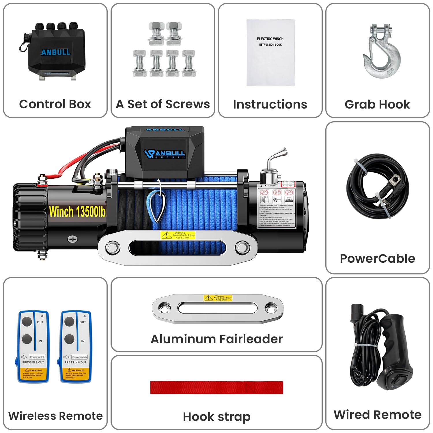Anbull Elektrische Seilwinde 12V 13500 LBS/6 T Synthetikseil 26m IP67 6 PS | 2x Funkfernbedienung 1x Kabelfernbedienung, Motorwinde, Kompatibel mit Jeeps SUV, LKW, Bootstrailer, Pickup