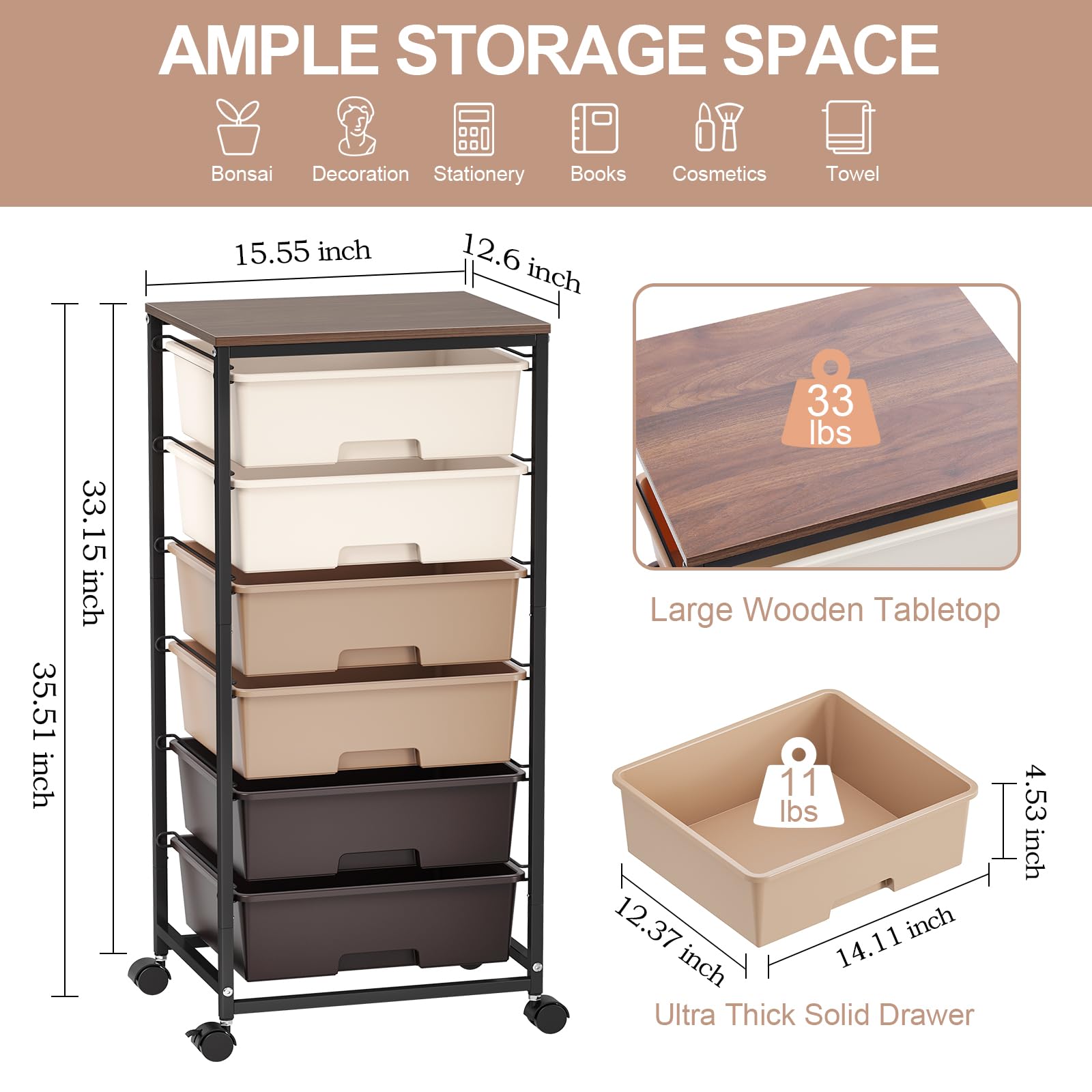 Carrello a 6 cassetti con piano in legno, robusto contenitore in plastica, per ufficio, cameretta dei bambini e fai da te, carrello con ruote bloccabili, colore marrone