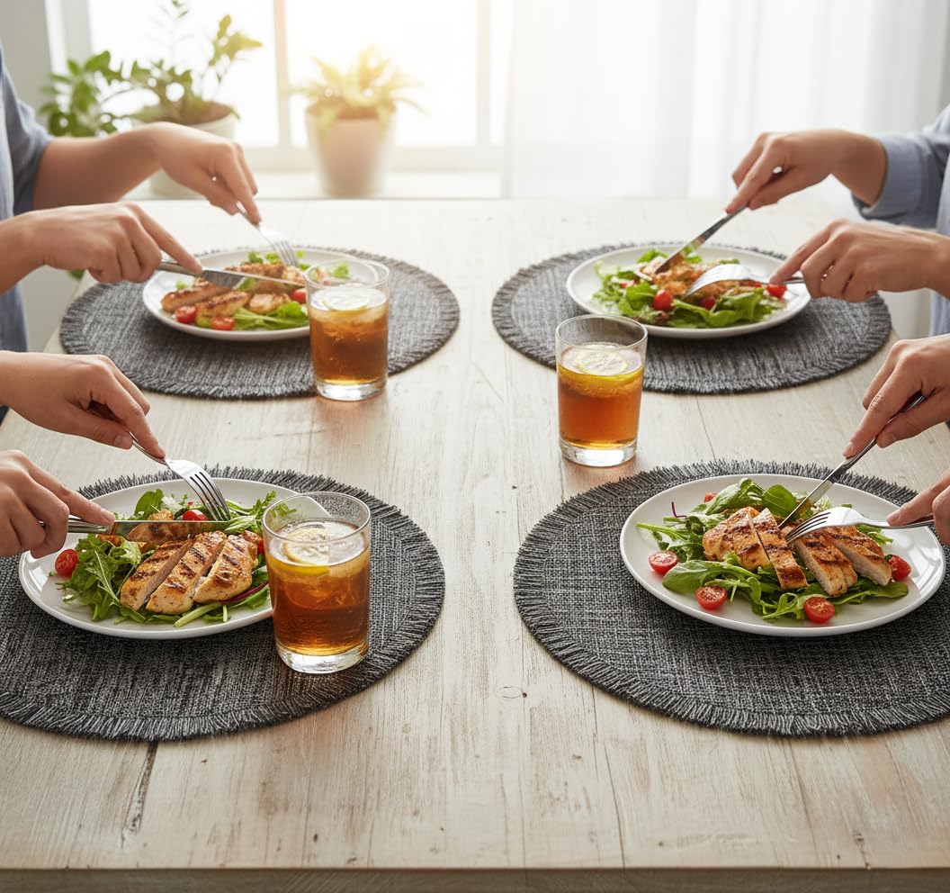 Cedar Fringe Round Placemats Set of 6 | 15" Woven Textaline Table Mats | Durable, Washable, Indoor Outdoor Use Charcoal, Oversized for Dining Table, Kitchen, Everyday, Holiday & Party Décor