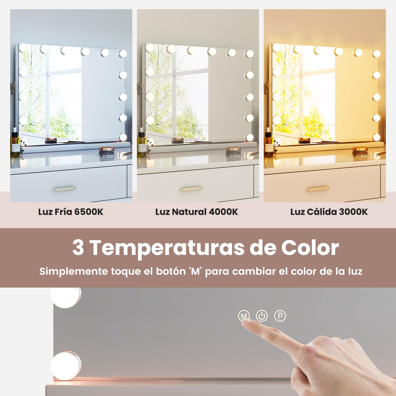 COSTWAY Espejo de Maquillaje Hollywood con 14 Bombillas LED, 3 Modos de Iluminación Ajustables, Luz Camerino, Control Táctil, 50 x 12 x 43 cm