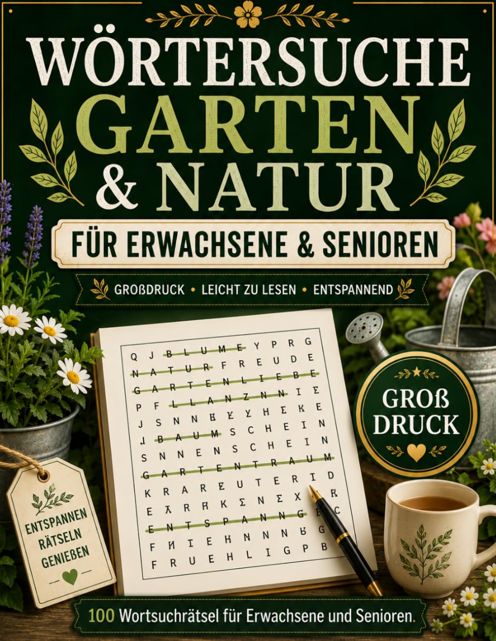 Wörtersuche Garten & Natur: 100 Wortsuchrätsel für Erwachsene und Senioren im Großdruck Buchstabenpuzzle rund um Pflanzen, Blumen, Bäume und ... für Urlaub, Freizeit und Entspannun