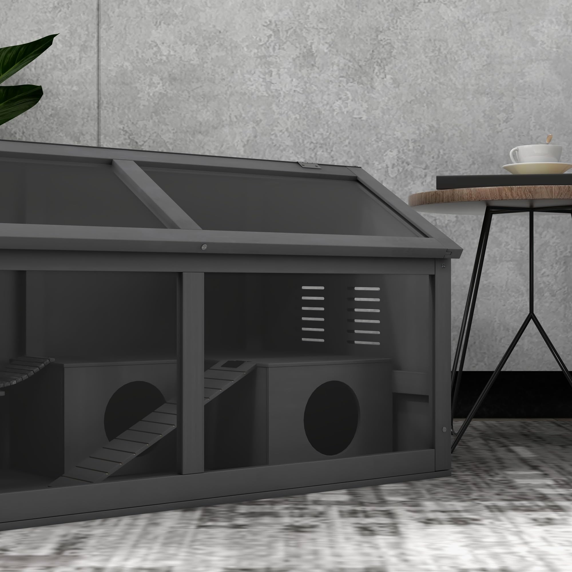 PawHut jaula de madera para hámsters jaula para animales pequeños, con puente colgante, escaleras, caseta, 85 x 45 x 44 cm para roedores con puerta superior, para hámsters enanos, gris oscuro
