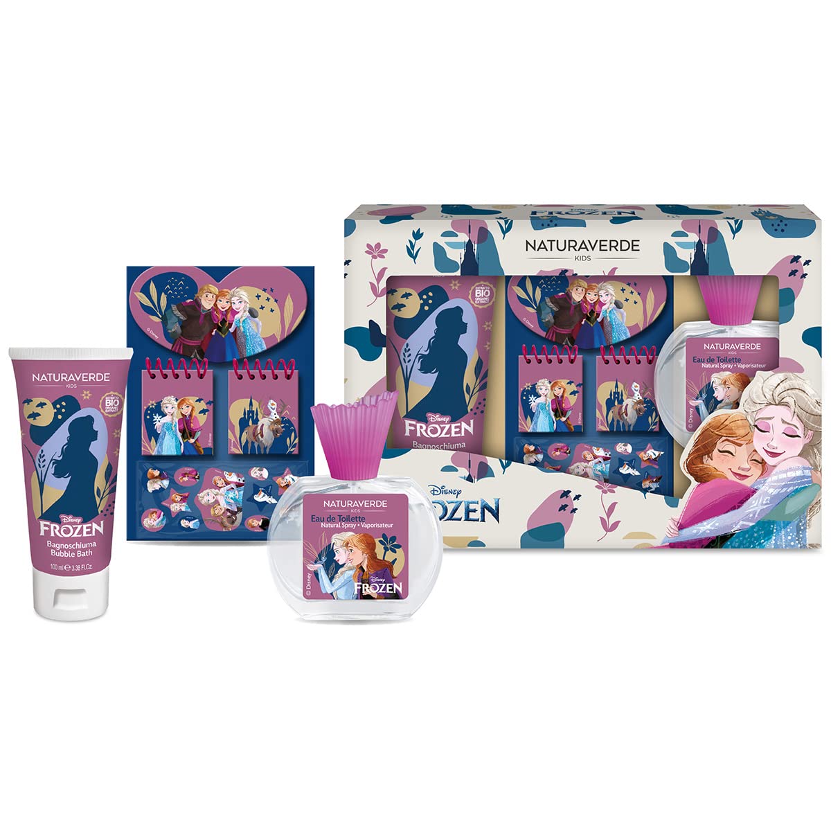 Naturaverde | Kids - Disney Frozen - Confezione Regalo Disney Frozen, Stationery Set, Eau de Toilette Natural Spray da 50ml e Bagnoschiuma in Tubo da 100ml, Set 3 Notebooks e Stickers in Rilievo
