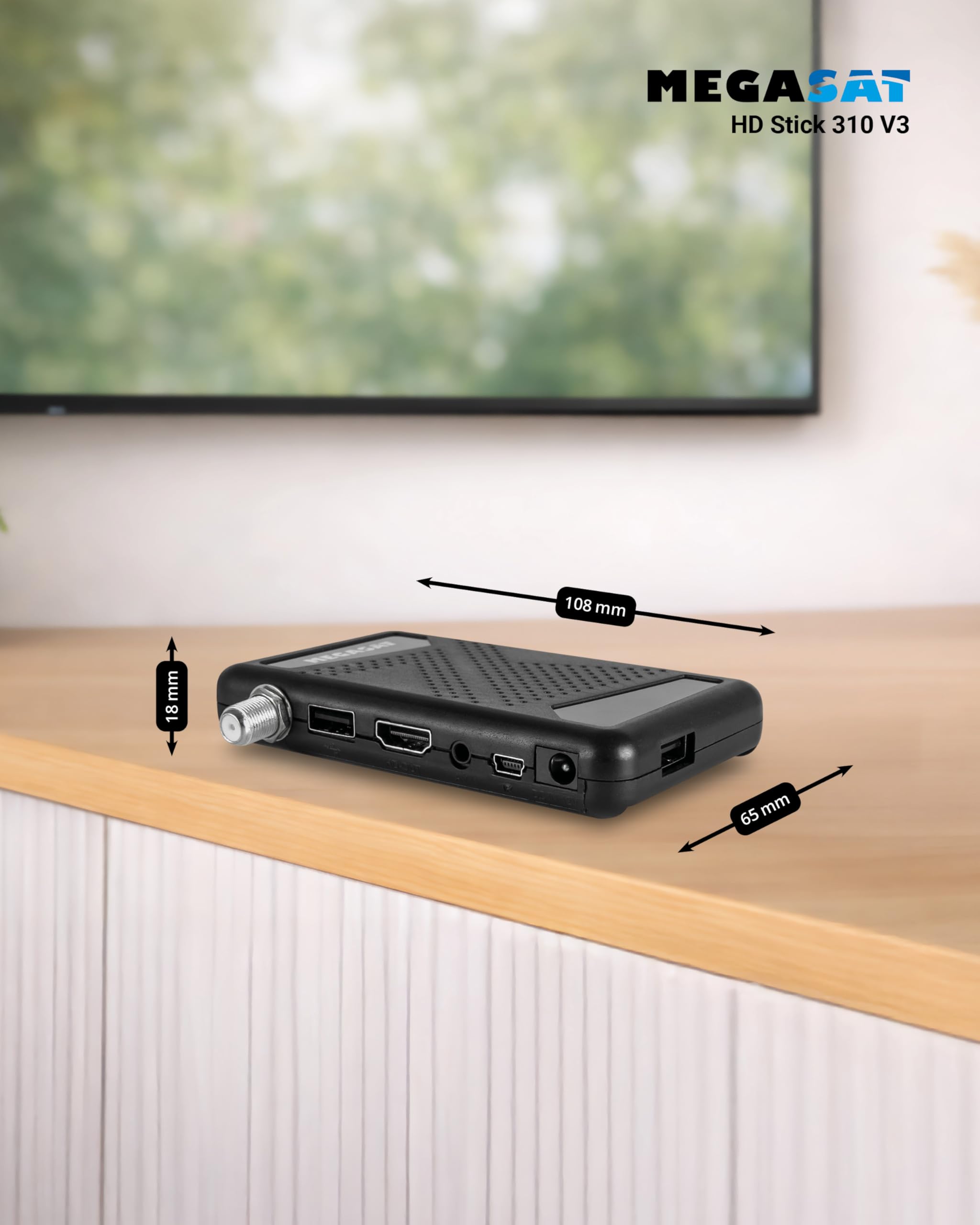 Megasat HD Stick 310 V3 – HD-Sat-Receiver, für versteckte Montage – Schwarz | Nur 10,8 × 1,8 × 6,5 cm, klein & kompakt, 2 × USB für Medienwiedergabe, Infrarotsensor