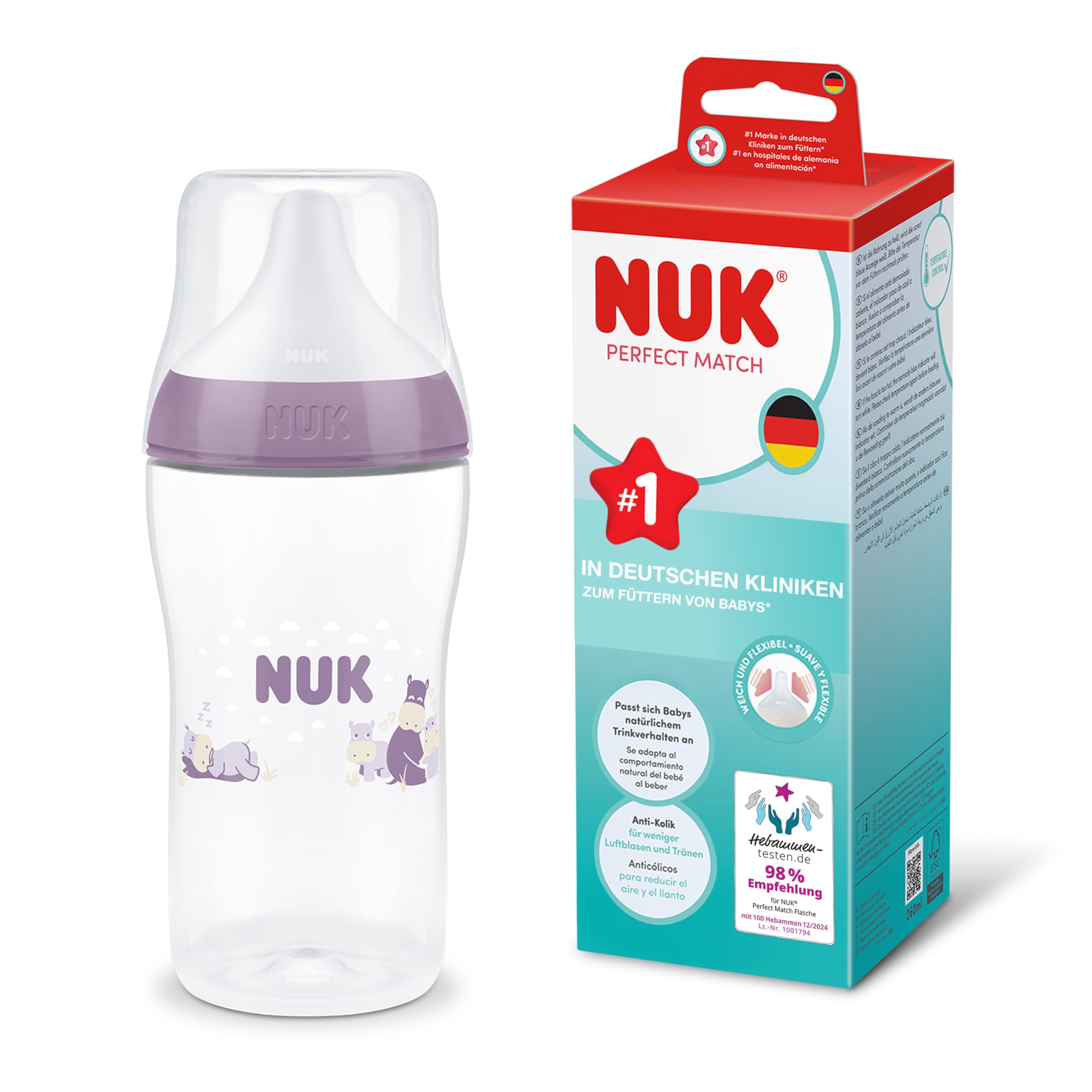 NUK Perfect Match Butelka dla niemowląt | 0+ miesięcy | 260 ml | Butelka przeciwkolkowa | PP | Wskaźnik kontroli temperatury | Hipopotam | 1 sztuka