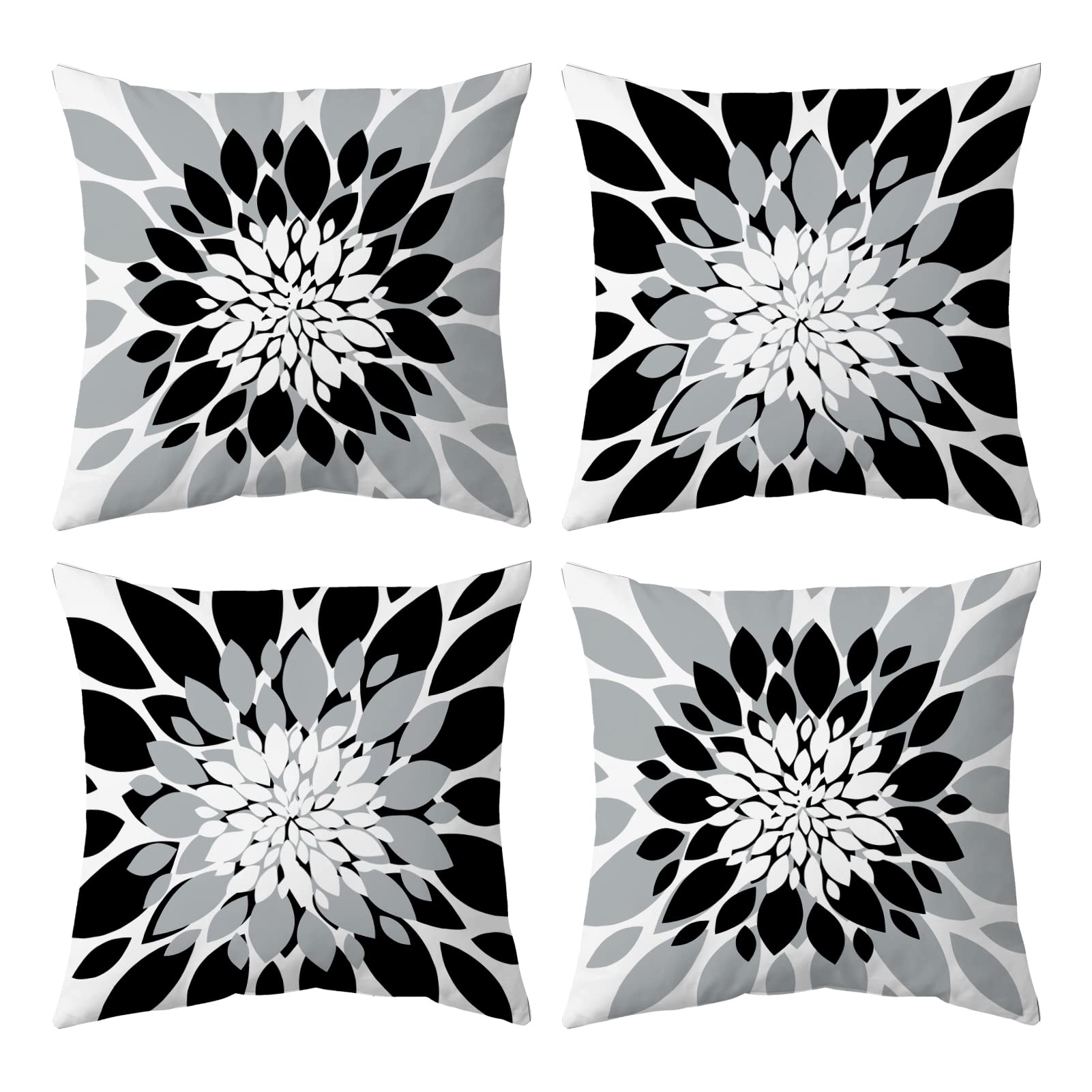 Black and Grey Throw Pillow Covers Set of 4 Outdoor Waterproof Pillow Covers Modern Decorative Dahlia Floral Couch Pillowcases for Patio Bedroom Living Room Sofa, 16" x 16", White โ image 1