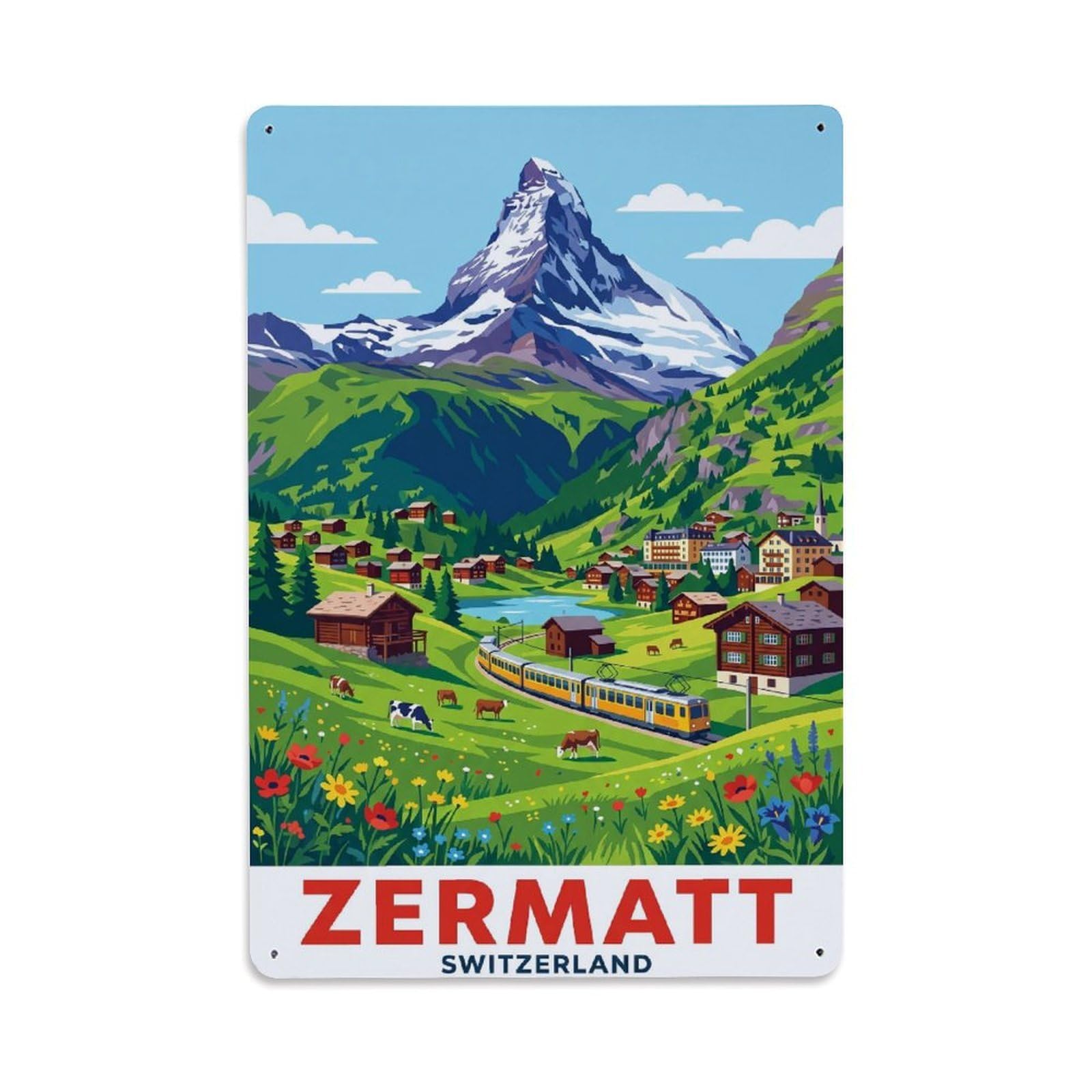 Olhnbad Style Alpine Zermatt Switzerland Graphic Mountain Travel Metal Tin Sign