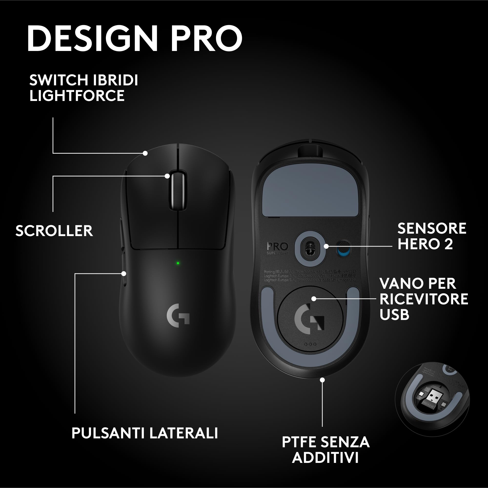 Logitech G PRO X SUPERLIGHT 2 SE mouse gaming wireless | Pro-Grade 60 g, 5 pulsanti programmabili, sensore 44.000 DPI, >888 IPS, aggiornamento 1 kHz, USB-C, PC/Mac - Nero