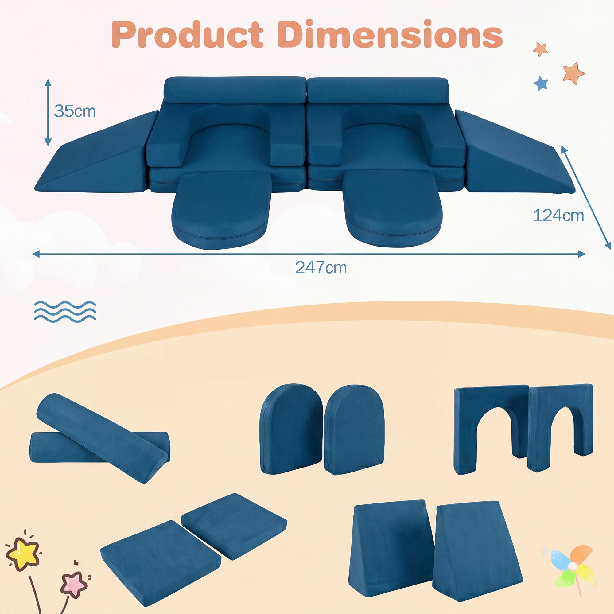 Lifezeal - Sofá infantil modular de 10 piezas, sillón infantil convertible de espuma con tejido de ante suave y fundas con cremallera lavables a máquina, sofá de juego plegable para bebé de 3 años