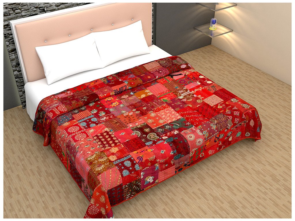 Indigenous Handicrafts Vintage Patch & Kantha Work Red Bed Cover-image-21