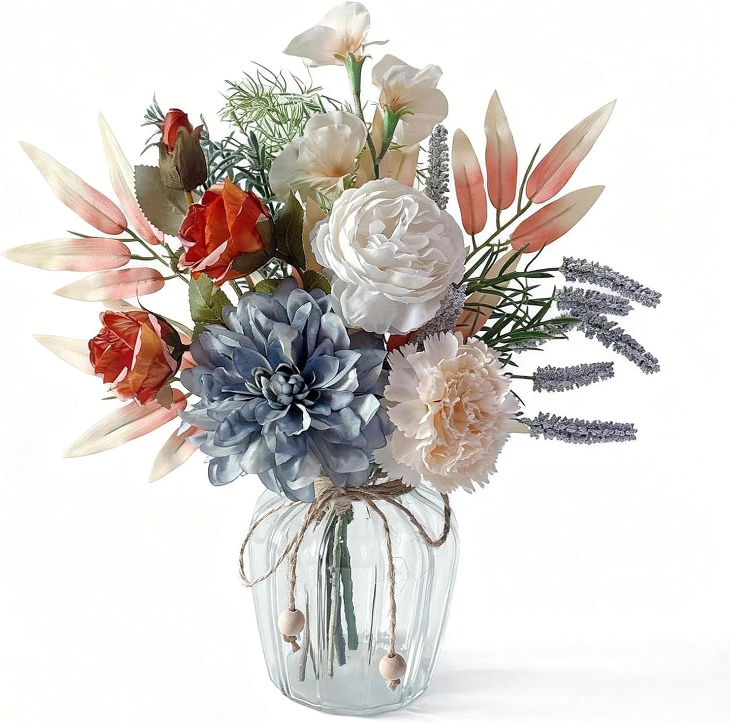 Dahlia Artificial Flowers with Vase Included Home Office Decor,Silk Fake Flower Bouquets in Vase for Centerpiece Table Decorations,Coffee Table Tray Decor(Blue)
