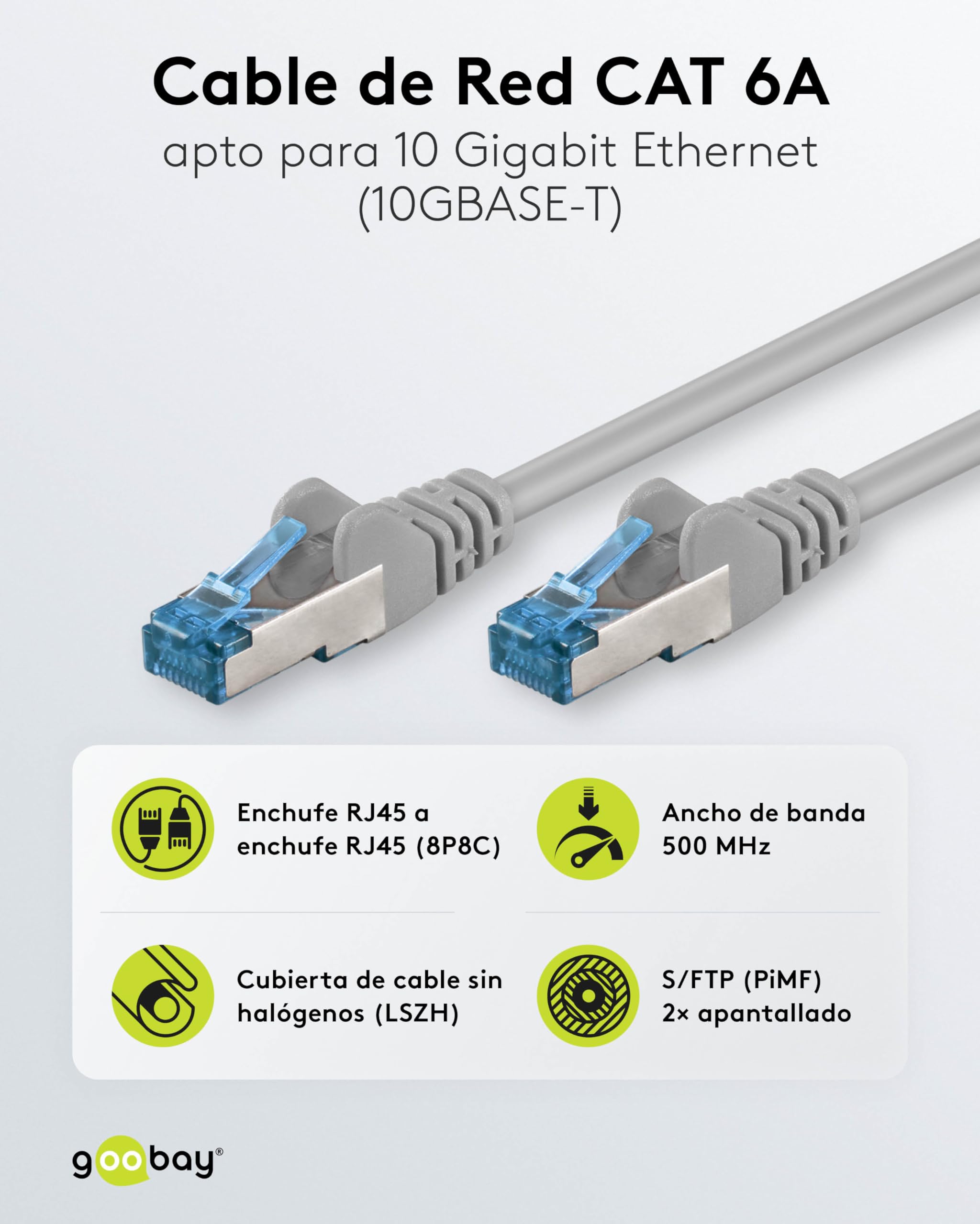 Goobay Cable de conexión CAT 6a, cable Ethernet, doble blindaje, S-FTP hasta 10000 Mbits, 500 Mhz, libre de halógenos, conectores RJ-45, contactos chapados en oro, 92693, 20 m, gris