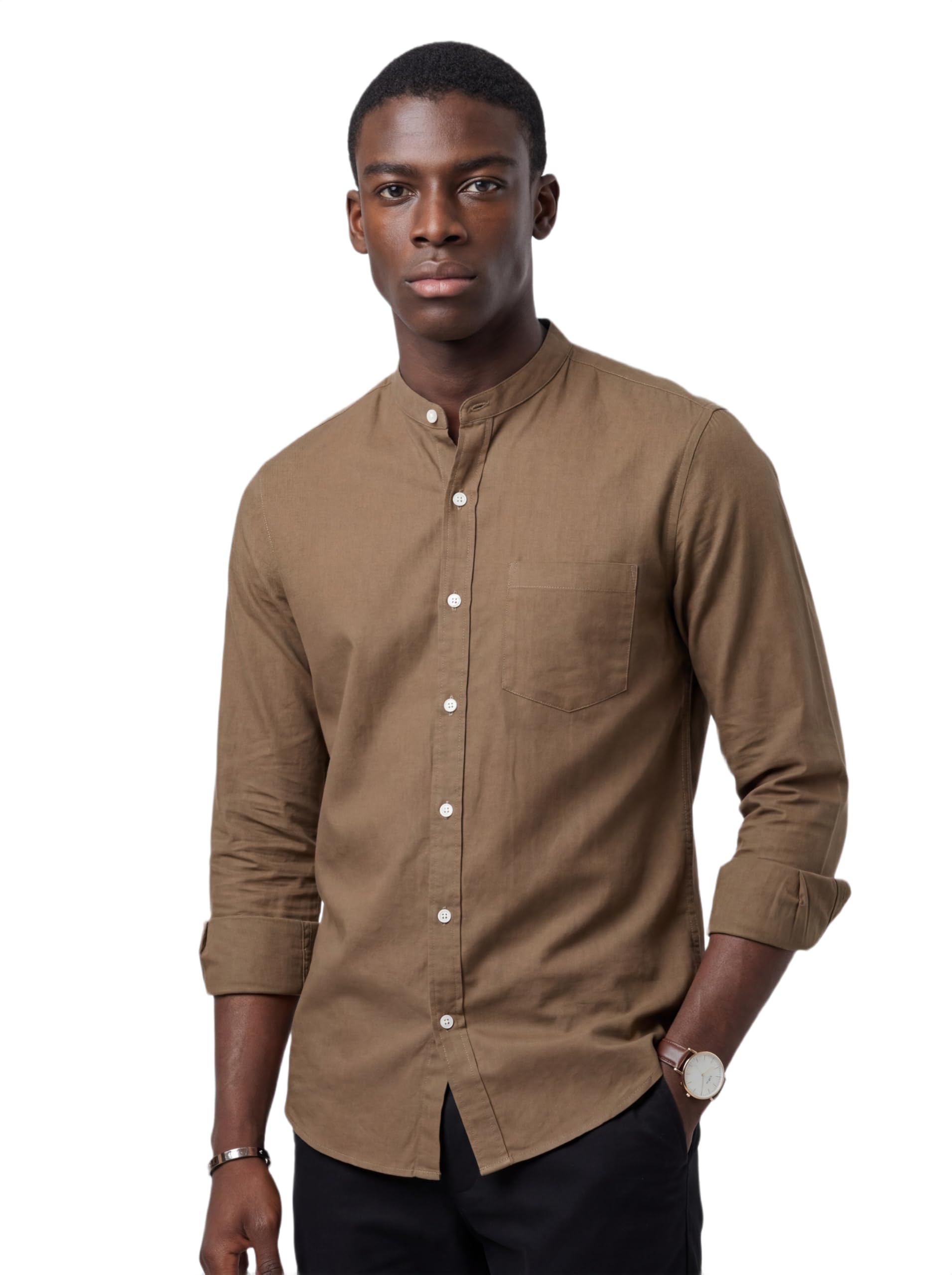 amazon brand - inkast Men’s Cotton Blend Plain Solid Casual Shirt | Mandarin Collar | Full Sleeves | Regular Straight Fit | Office & Daily Casual Wear-picture-13
