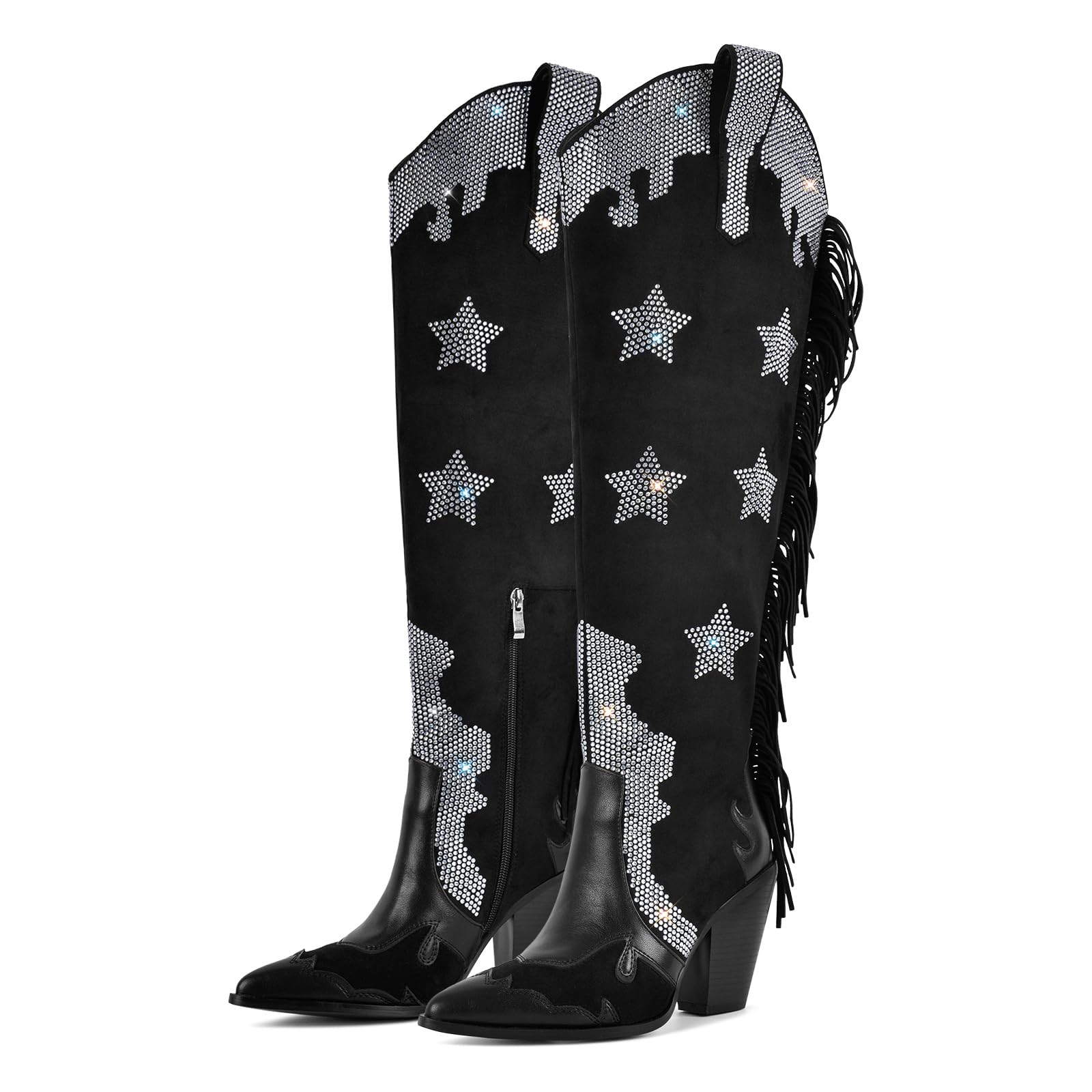 sexytag Fringe Thigh High Extra Wide Calf Cowboy Boots Star Rhinestone Over The Knee Cowgirl Boots Embellished Tall