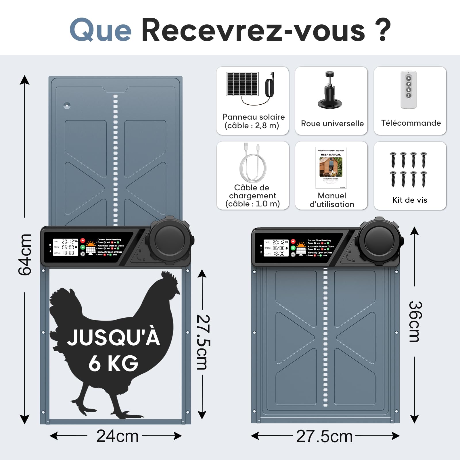 CHAMUTY Grande Taille Porte Poulailler Automatique Solaire, Porte Automatique Poulailler en Aluminium avec 7W Panneaux Solaires, Minuterie, Affichage LED, Télécommande, Deux méthodes de Chargement