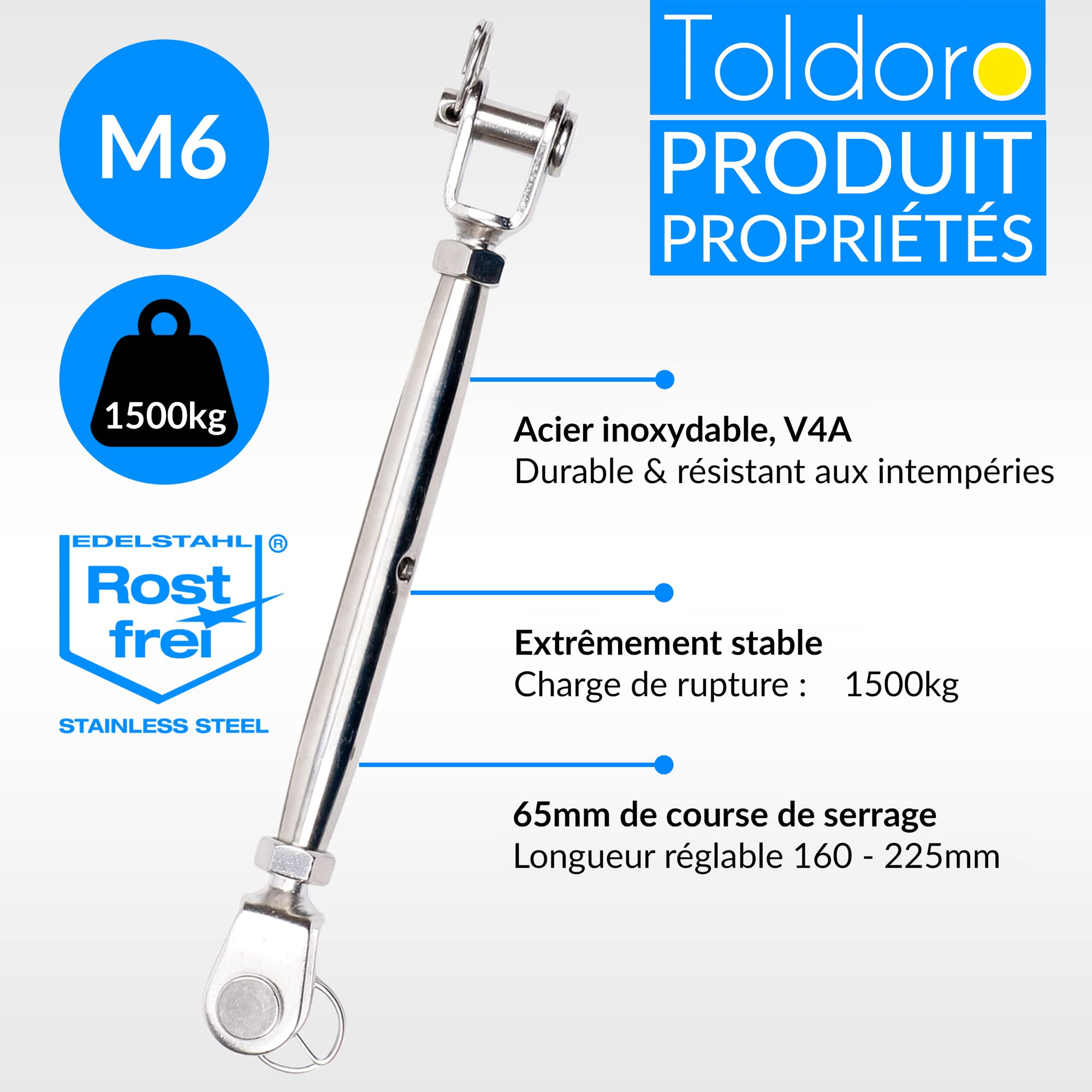 Toldoro® 4x M6 Tendeur de Hauban en Acier Inoxydable V4A - Tendeur de Voile Solaire, Câble, Fil - Fourche/Forme Fermée