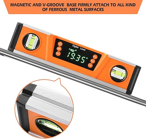 Miniatura 10 de Nivel de torpedo digital de 10 pulgadas y transportador Imanes de neodimio Pantalla LED brillante Base magnética V-GROOVE Nivel inteligente
