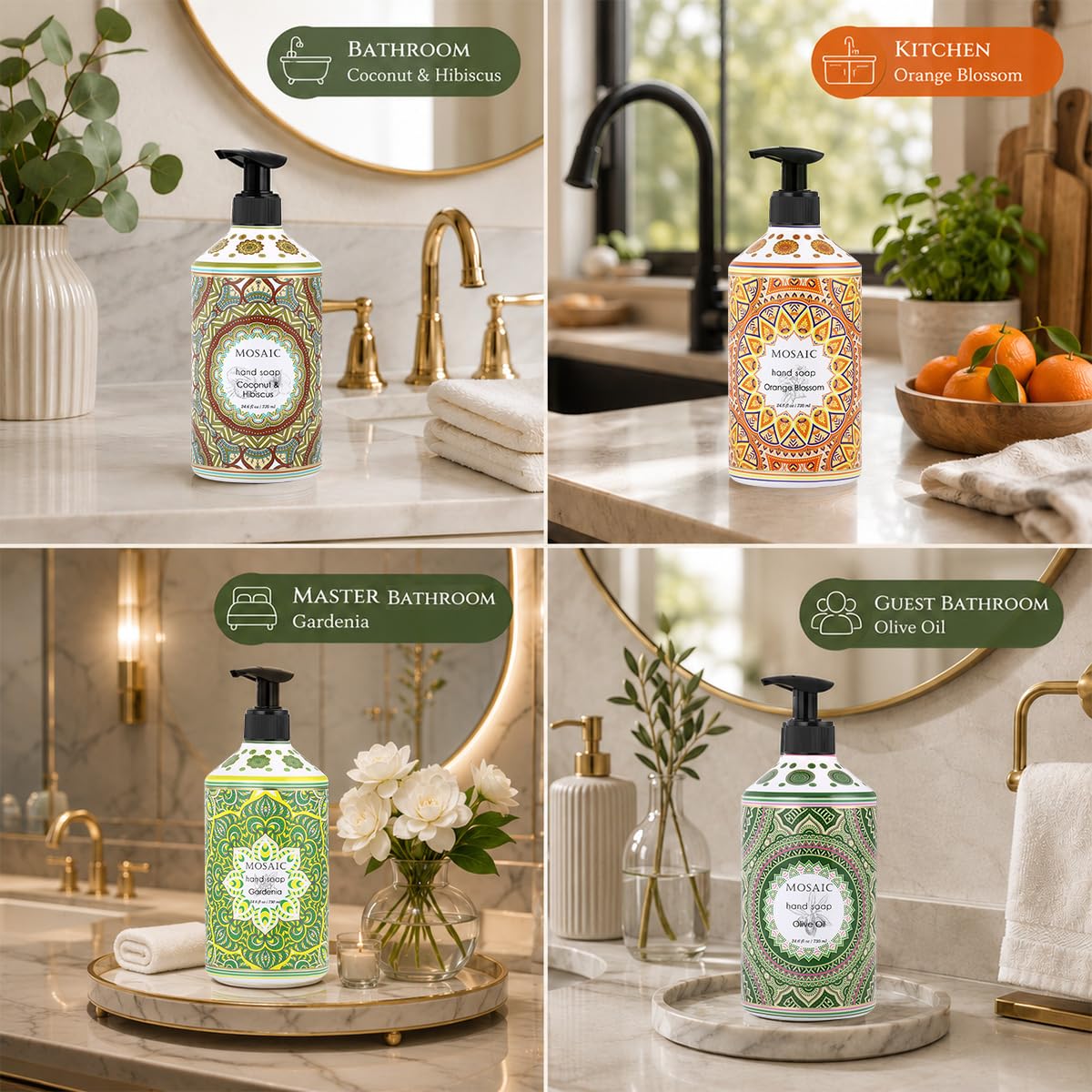 Mosaic - Juego de jabón líquido para manos y jabón de manos, ideal para baño y cocina, aceite de oliva + coco e hibisco + Gardenia + flor de naranja, 4 x 727 ml cada botella de jabón líquido