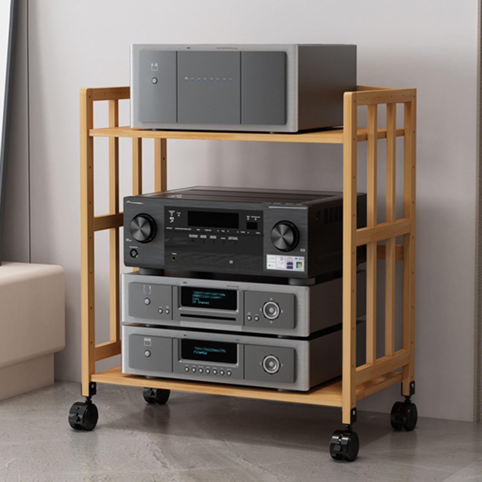 WoodenRack on Wheels 4-poziomowy stojak audio na głośniki, odtwarzacze DVD i sprzęt kina domowego, stylowe rozwiązanie do przechowywania dla miłośników muzyki i audiofilów