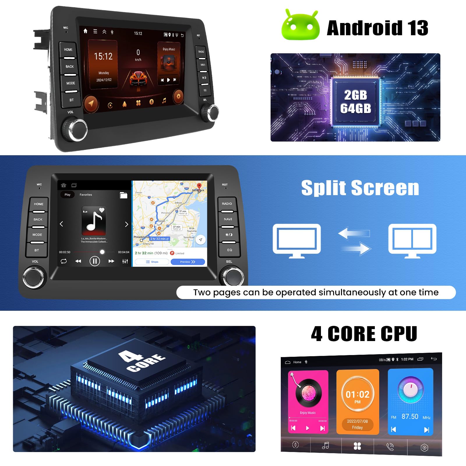 Autoradio per Fiat Panda 169, GOHHDL 2G+64G Radio per Fiat Panda 2002-2012 con Wireless Carplay Android Auto, 7 Pollici Autoradio Bluetooth Stereo Android con GPS WiFi GPS SWC FM RDS EQ Telecamera+Mic