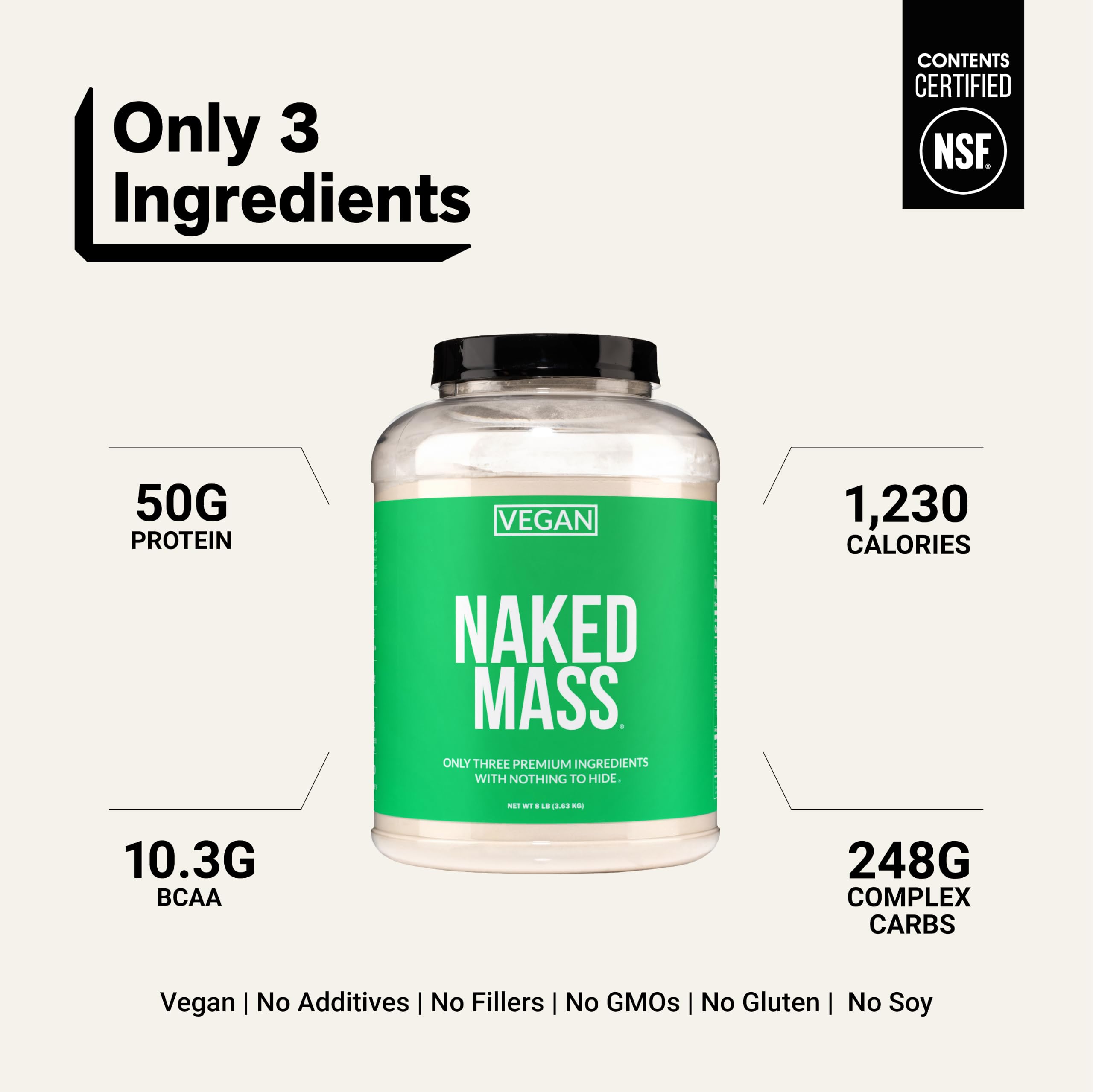 NAKED Vegan Mass - Natural Vegan Weight Gainer Protein Powder - 1,230 Calories, NSF Certified, Non-GMO, Soy & Gluten Free, No Artificial Ingredients - 8LB Bulk - 11 Servings — Amazon image 3