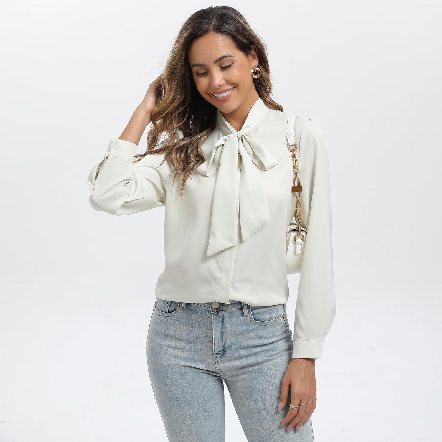 Womens Cream Satin Bow Tie Neck Button Down Shirt Long Sleeve Top Dressy Business Casual Blouse - Image 3