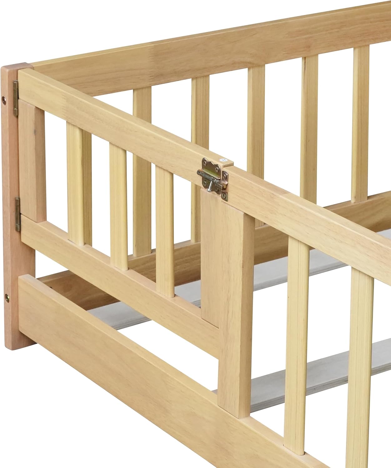 Ball & Cast Queen Size Montessori Toddler Floor Bed with Wood Slats for Girls and Boys, Wood Montessori Bed Frame with Door and Safety Guardrails for Kids,No Box Spring Needed,Natural