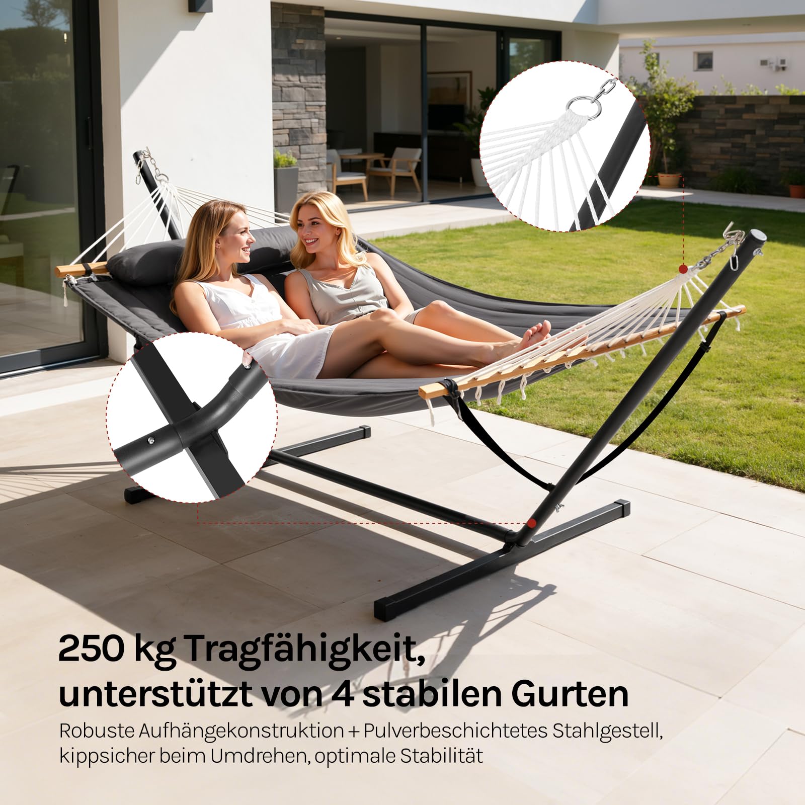 WOLTU Hängematte mit Gestell, Doppelhängematte mit Seitentasche Kissen, Tragbar Hängematte Outdoor für den Garten Terrasse Balkon Camping & Pool belastbar bis 250 kg, für 2 Personen