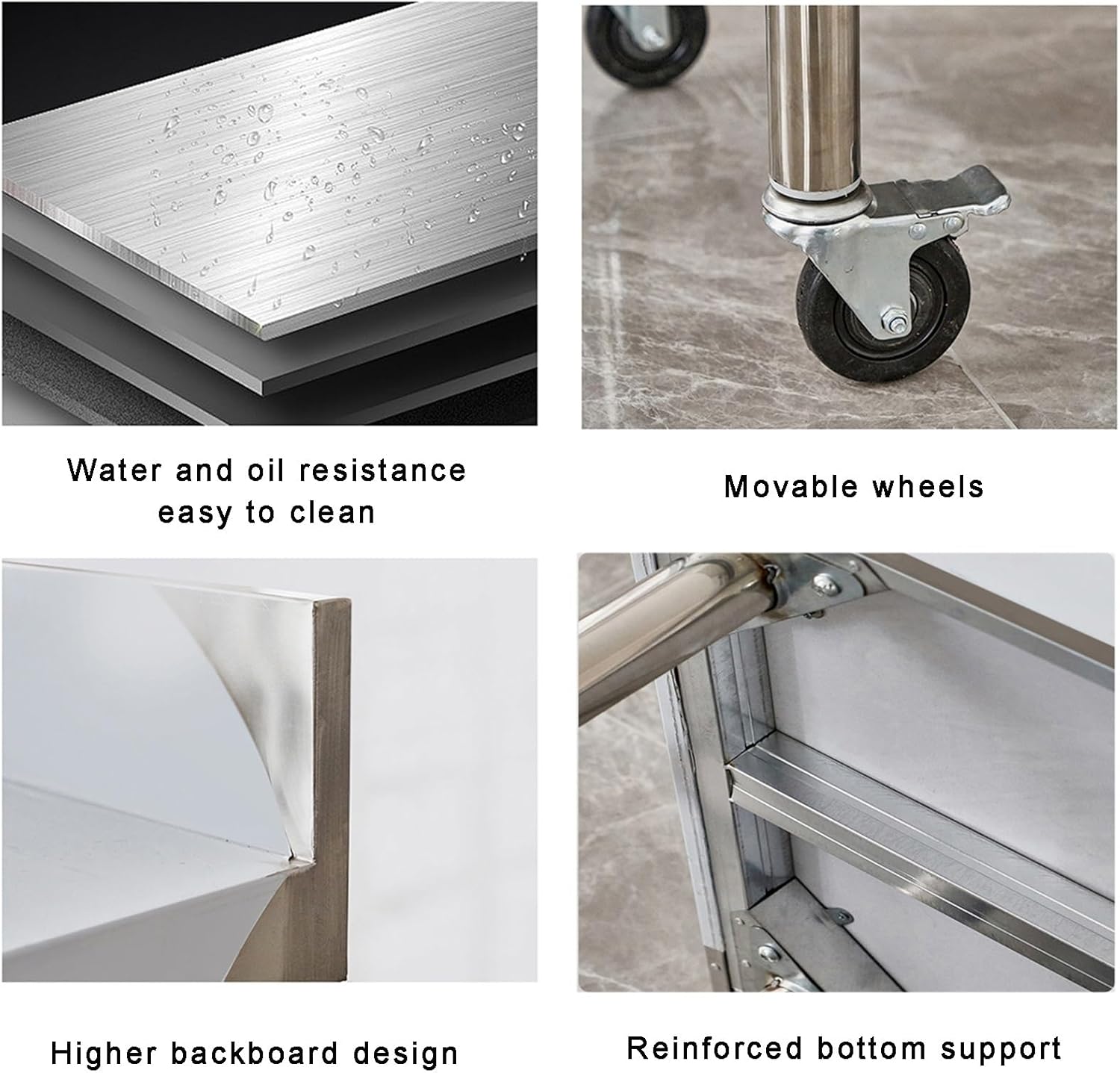 3-Tier Stainless Steel Table with Backsplash Wheels Restaurant Workbench - Fast Food Restaurant Workbench Thickened Tables Top