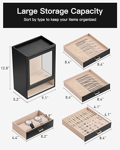 Miniatura 4 de Vlando Organizador grande de joyas con ventana de cristal para collares, aretes, anillos, pulseras, relojes, caja de almacenamiento de joyas, regalo
