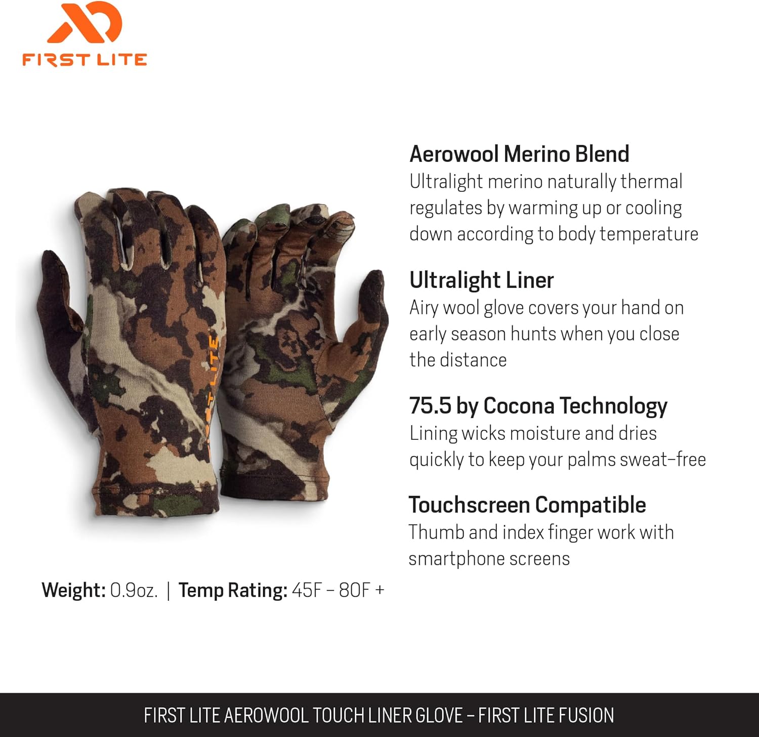 First Lite Aerowool Touch Liner Merino Wool Glove - Lightweight, Touchscreen Compatible Camo Hunting Gloves - Image 2