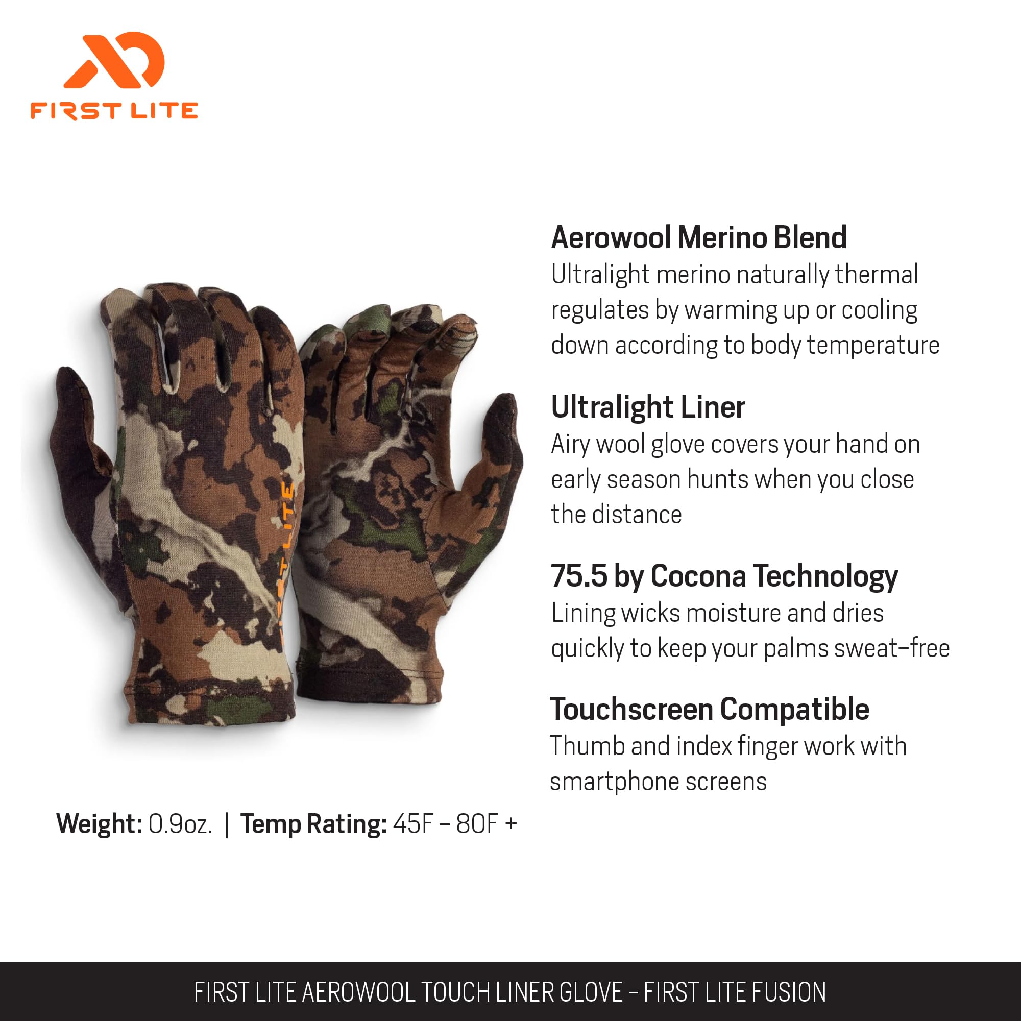 First Lite Aerowool Touch Liner Merino Wool Glove - Lightweight, Touchscreen Compatible Camo Hunting Gloves, First Lite Fusion, Large
