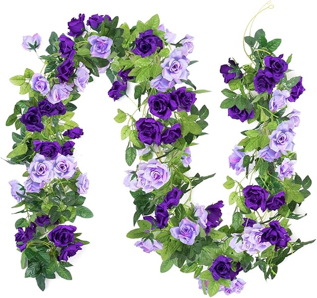 Kisflower 3PCS/23.7FT Artificial Purple Rose Flowers Garlands, Fake Vines Silk Hanging Floral Ivy Plant for Wedding Arch Decorations Room Party Home Garden Hotel Office Wall Decor (Purple)