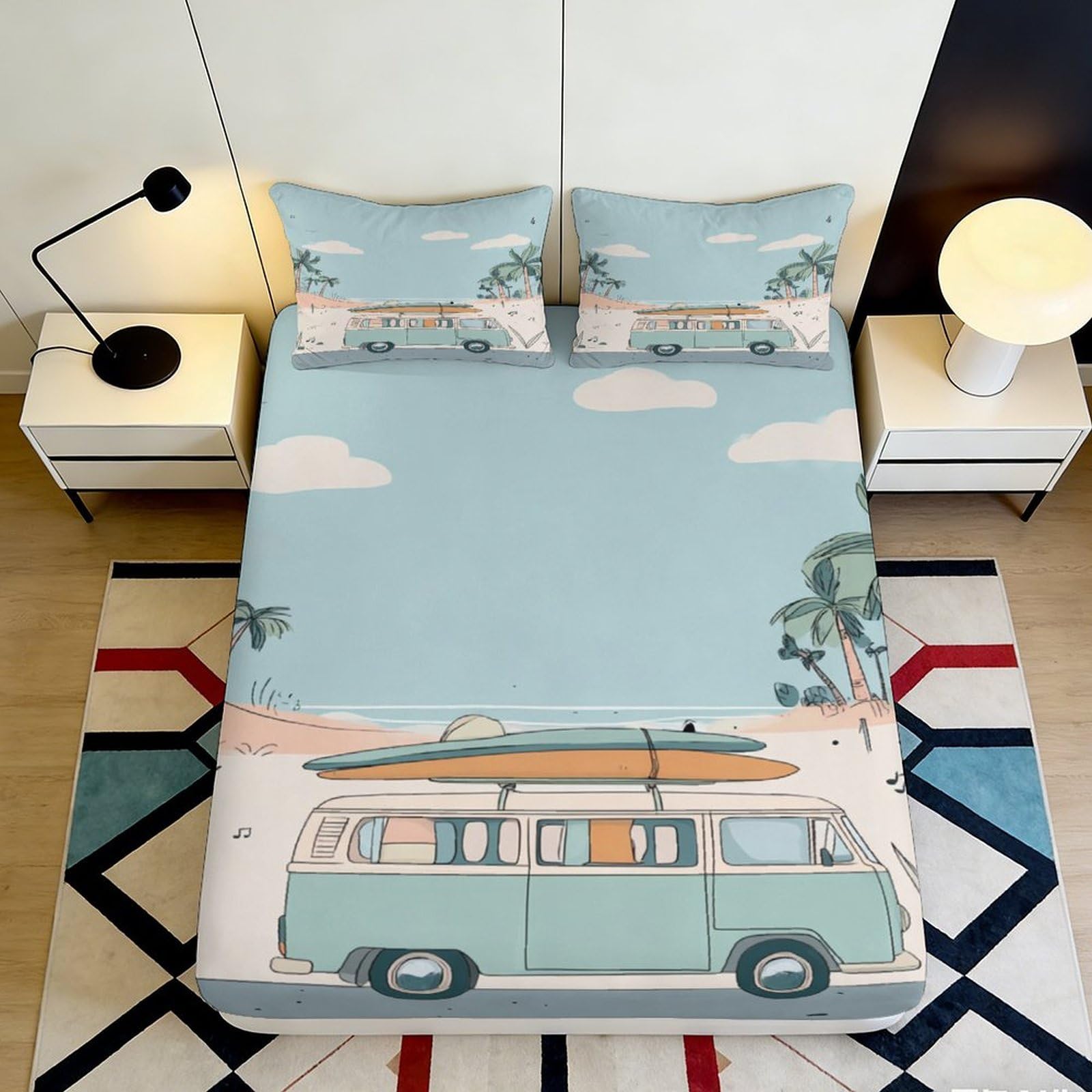 Dhbaneiok Style-5 3D Printed Vintage Camper Fitted Sheet Microfiber Soft Surfboard Beach Mattress Cover For Bedroom Dorm Decor 90X200x25cm