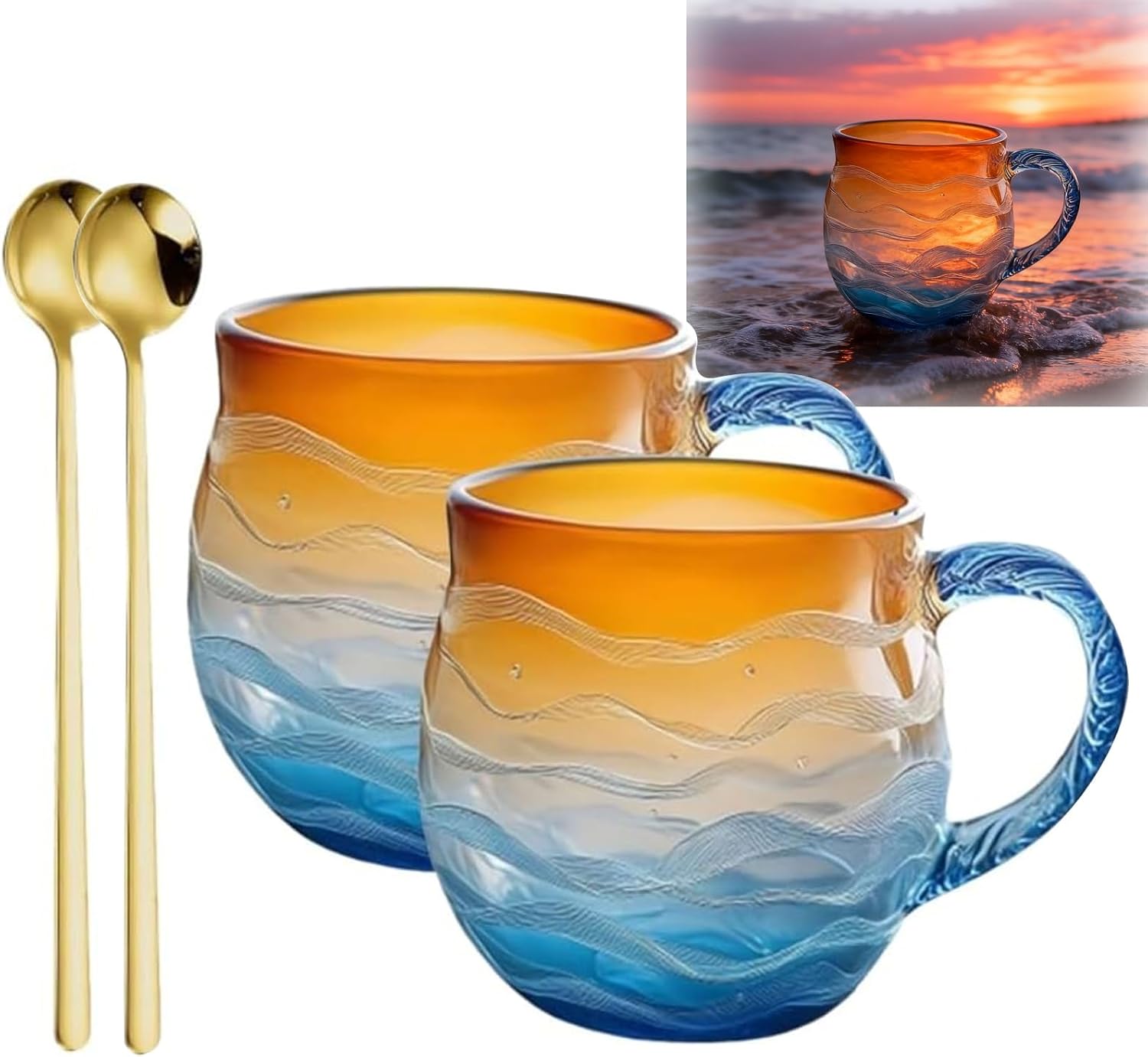 Golden Tide Mug, Glass Ocean Wave Coffee Mugs, 12oz Handcrafted Oceans Frosted Wave Texture Sunset Cups with Handle, Unique Waves Shape Design Beach Drinkware for Tea Wine Ice Drink(2 cups)