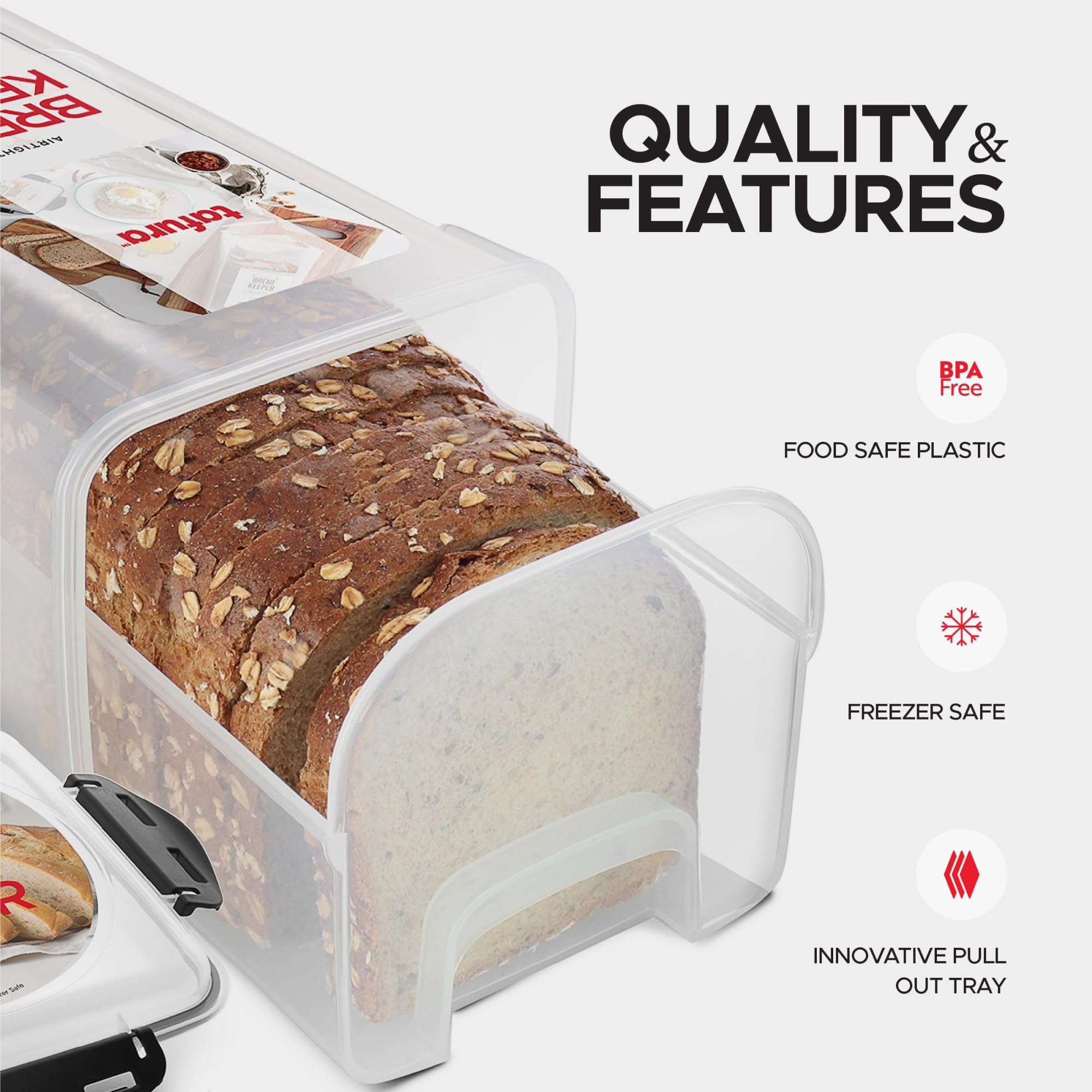 Tafura Brotaufbewahrungsbehälter – 2 Stück BPA-freie Kunststoff-Brotbox mit genialer Ablage – luftdichter Behälter/Halter für hausgemachte Brote und Backwaren