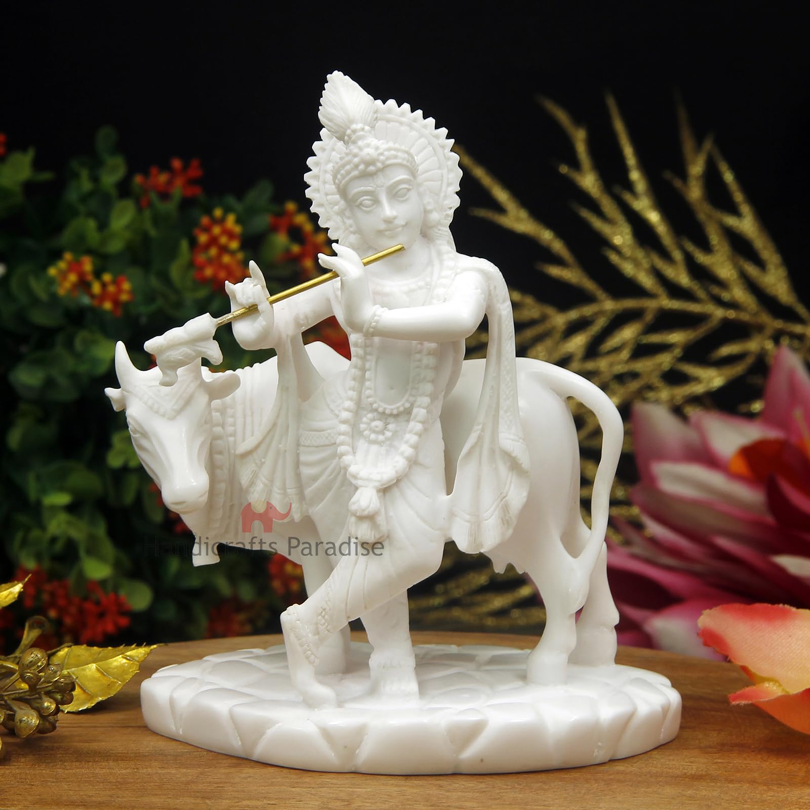 Handicrafts Paradise Carved in Resin Krishna with Cow 4.5 X 2.75 X 5.5 Inch