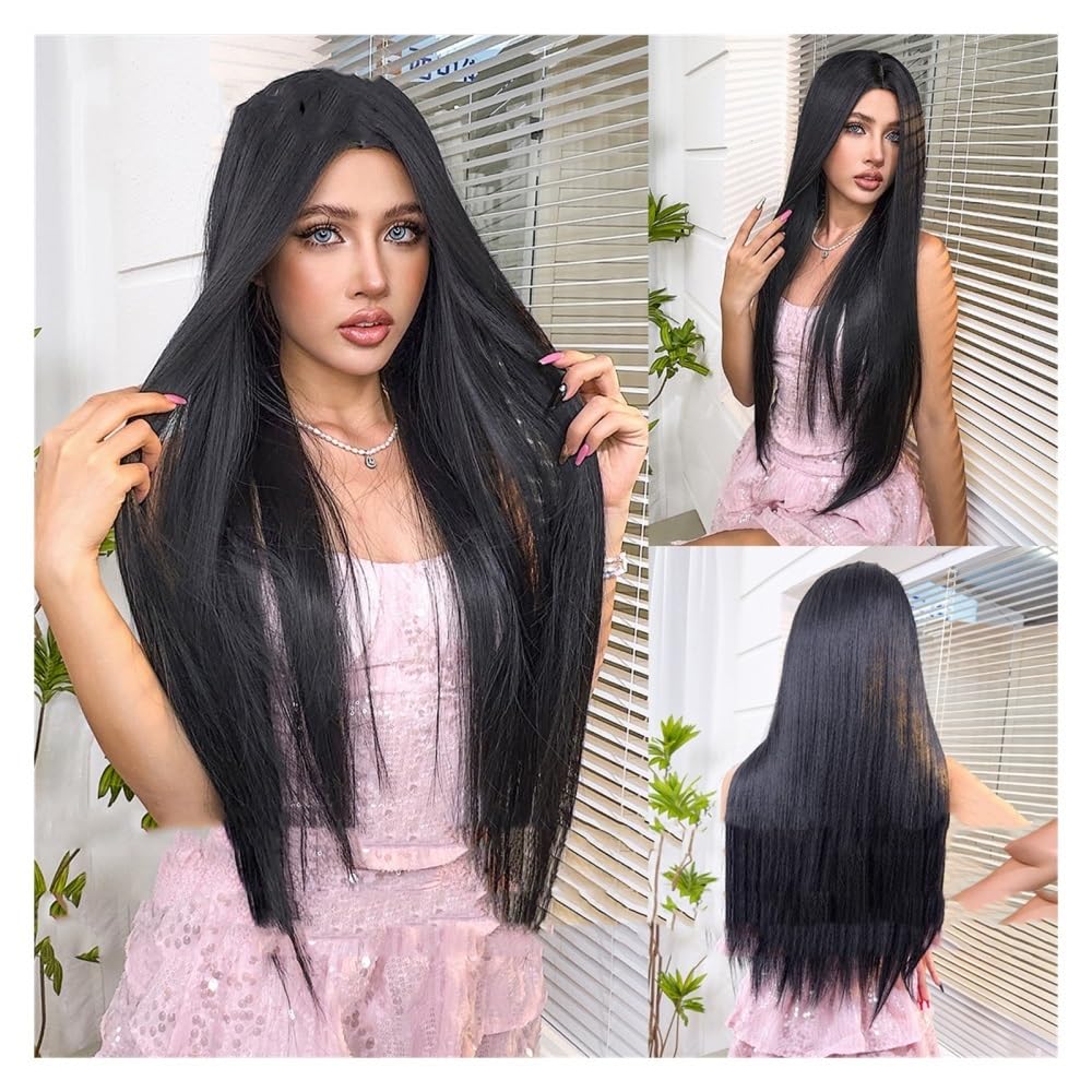 Perruque cheveux humains noirs raides longs pour femme sans frange