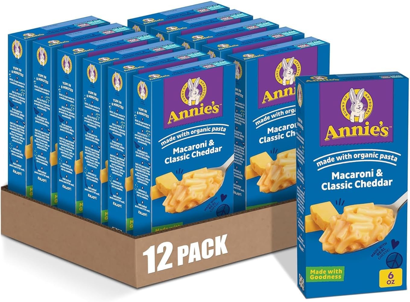 Annie's Macaroni and Classic Cheddar with Organic Pasta, Made with Real Cheese, Dinner Side or Snack, 6 oz (Pack of 12)