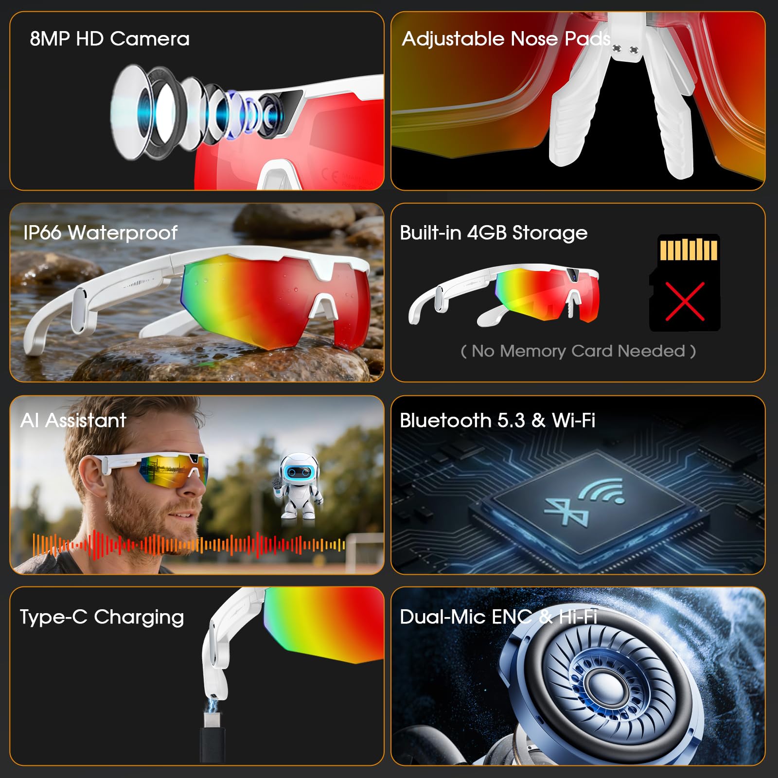 2026 Smart Glasses mit Kamera, 8MP Kamera Sportbrille für Foto & Video | KI Brille mit Offene Lautsprecher, Blendschutzgläser, Smart Brille für Outdoor-Sportarten wie Radfahren, Reisen (Weiß)