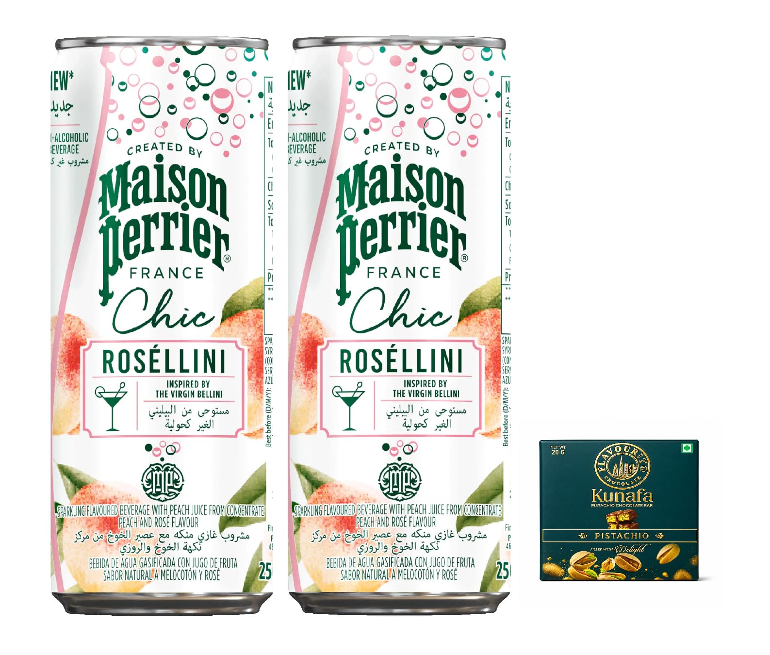 Maison Perrierr Chic Roséllini Sparkling Drink, Peach & Rosé Flavour, Premium Non-Alcoholic Carbonated Beverage, Refreshing Ready-to-Drink Soft Drink,(Pack of 2), 250ml Cans,Get Free Flavourito Kunafa Pistachio Chocolate Bar, 20g By Decadent Foods,(Imported_France)-image-41