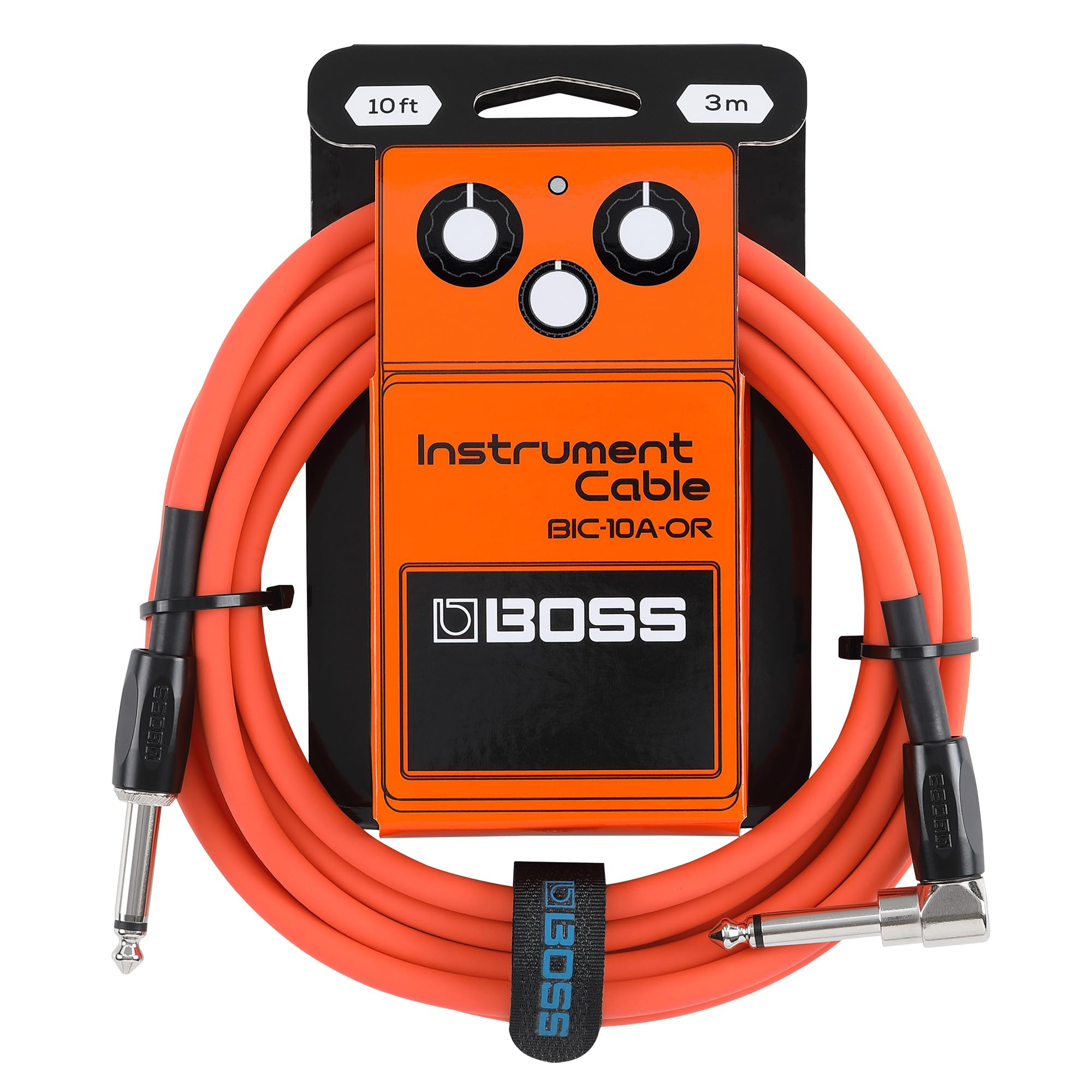 BOSS BIC-10A Series, Instrument Cable, Straight to Right-Angle ¼-Inch Connectors, 10ft./3m Length