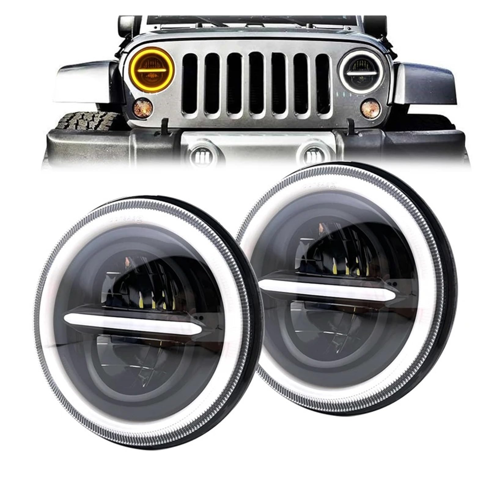 FARO FANALE Per Jeep Per Wrangler TJ Per Fuoristrada Faro A LED Rotondo Da 7 Pollici Con Indicatore Di Direzione Ambra Ad Anello Halo Fari Anteriori(2 piece chrome Bracket)