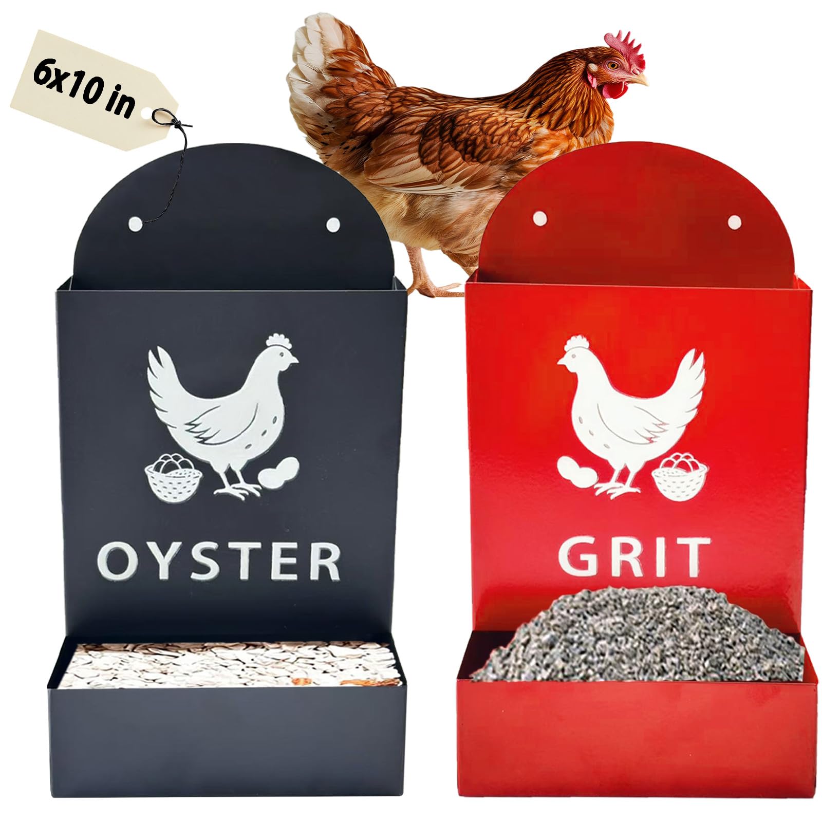 Automatic Chicken Oyster Shell & Grit Feeder,Hanging Metal Poultry Feeder Trough, Gravity-Fed Chicken Coop Accessory, Durable Black + Red Design