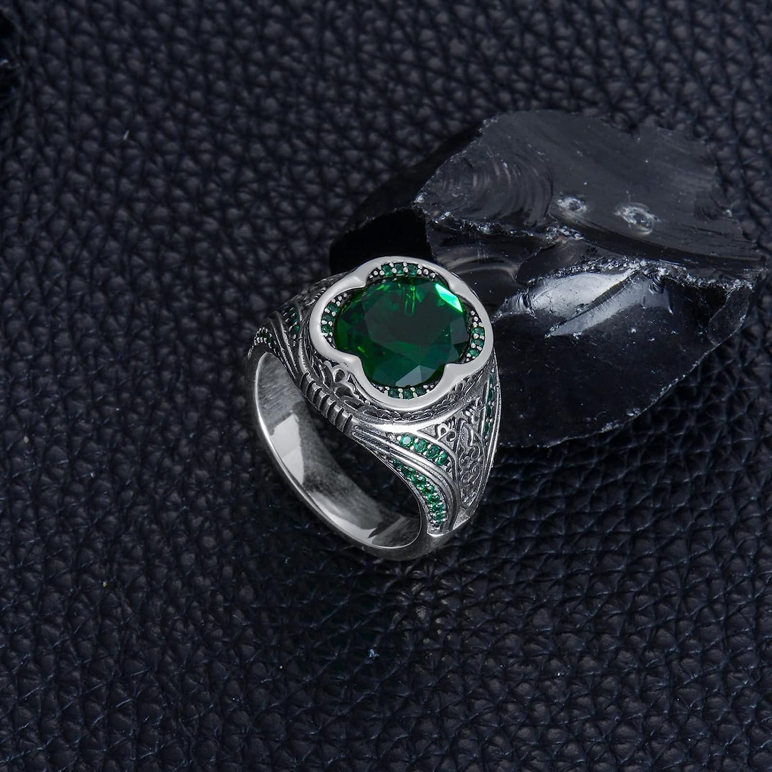 Sterling Silver Oval Emerald Gemstone Ring for Men Vintage Retro Jewelry for Men - Image 3