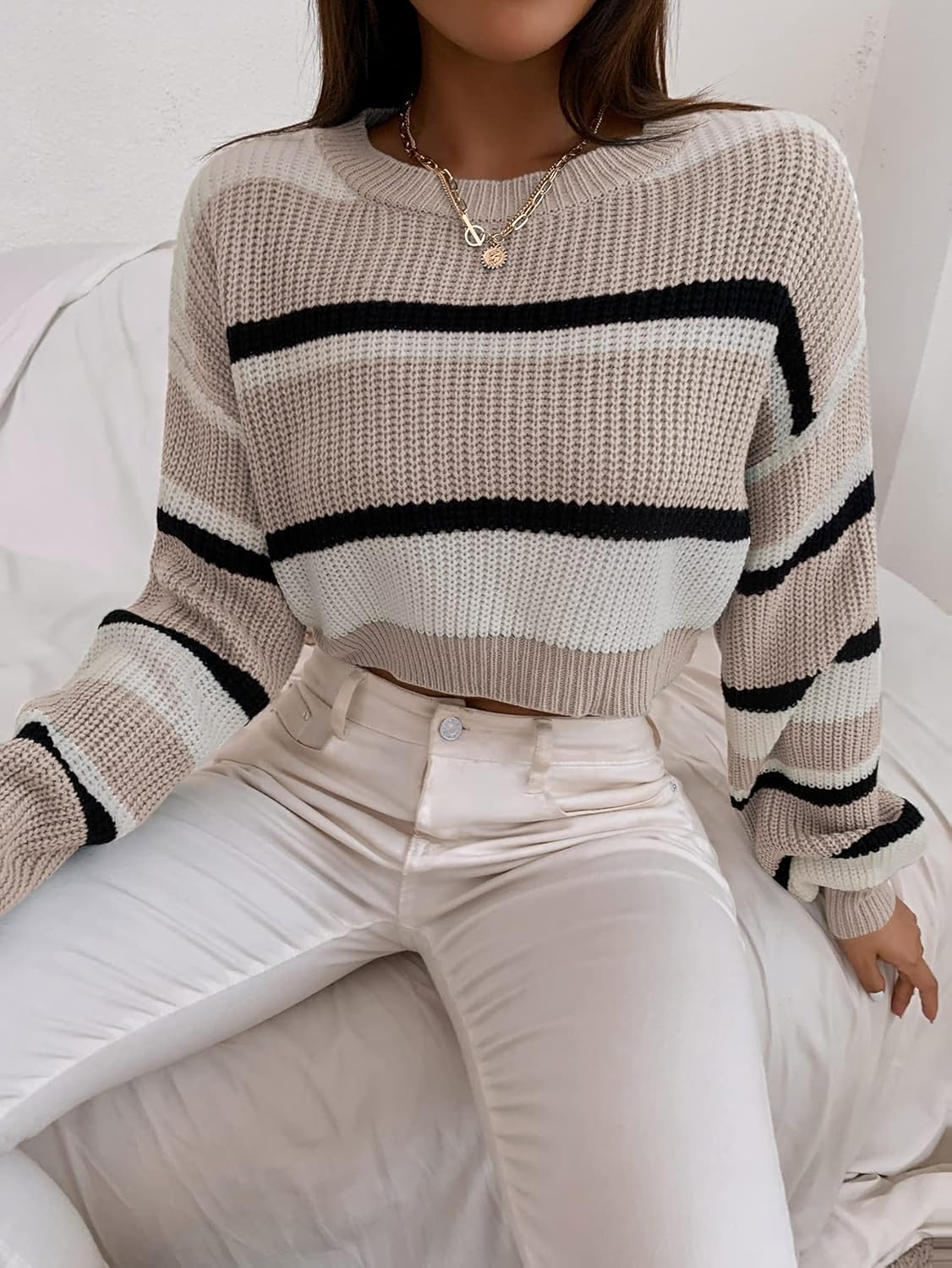 SHENHE Women's Color Block Cropped Sweater Pullover Crewneck Knitted Fall Sweater Jumper - Image 4