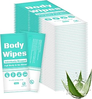 Individually Wrapped Body Wipes - Bulk Bath Wipes for Men & Women - Large, Disposable, No Rinse - Free Bathing Cloths - Perfect for Outdoors, Gym, Camping & Travel (50, Blue, 12 x 10.3 in)