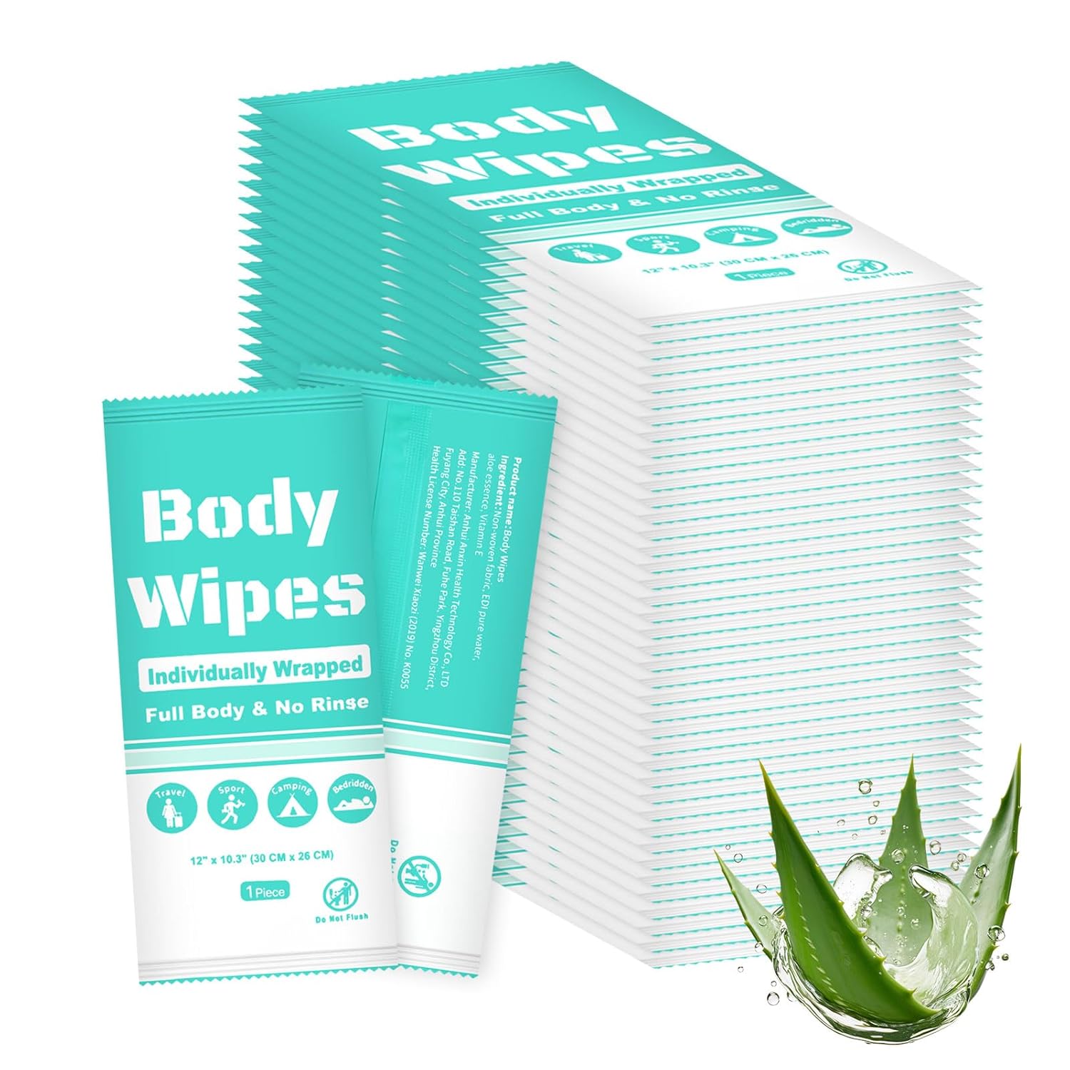 Individually Wrapped Body Wipes Bulk Bath Wipe, Women Men Large Adult Disposable Body Shower Wipes No Rinse-Free Bathing Cloths Wipe for Outdoors After Gym Camping Travel (50, Blue, 12 x 10.3 in)