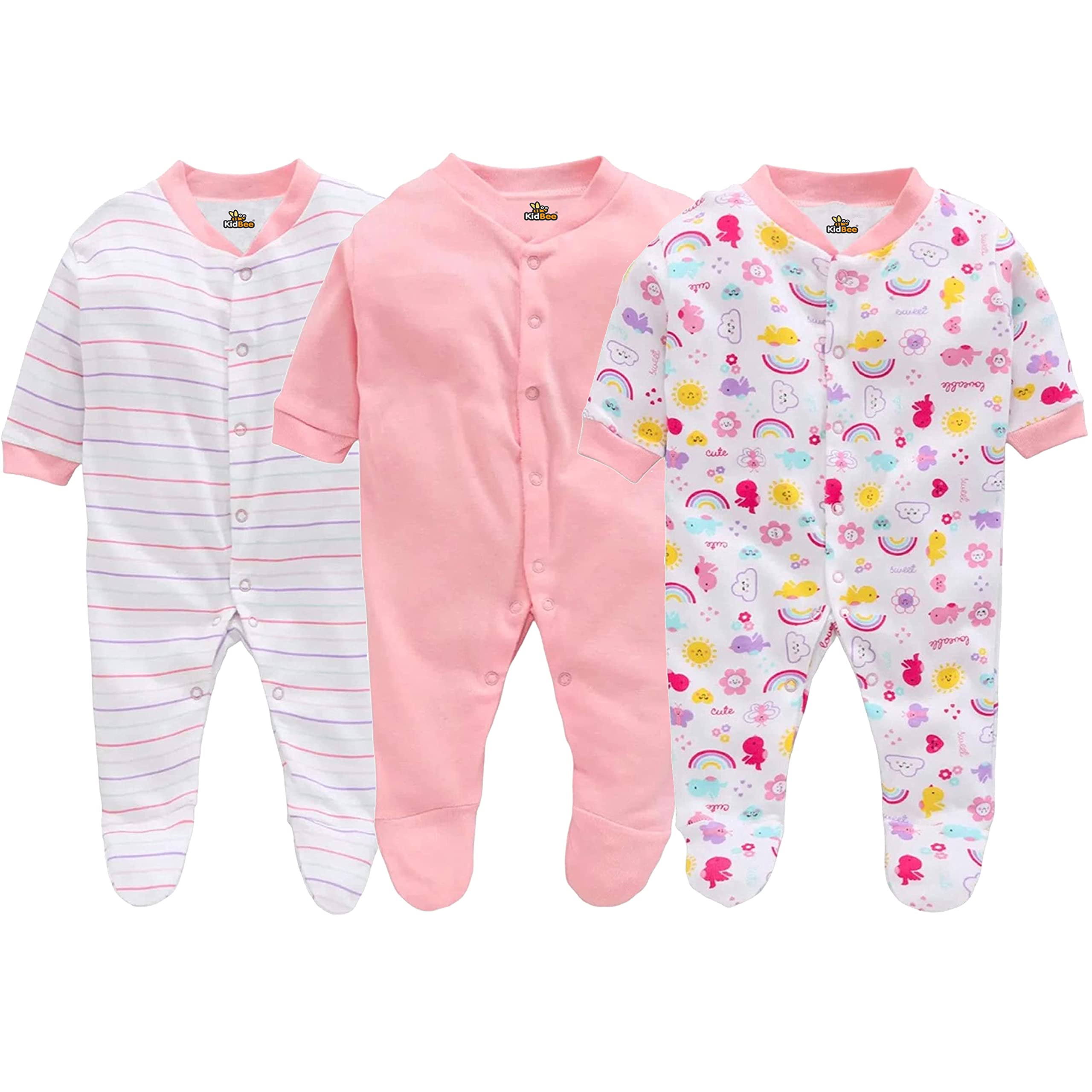 KidbeeNewborn Full Sleeve Cotton Printed Sleepsuit Romper for Boys and Baby Girls (3 Pcs)