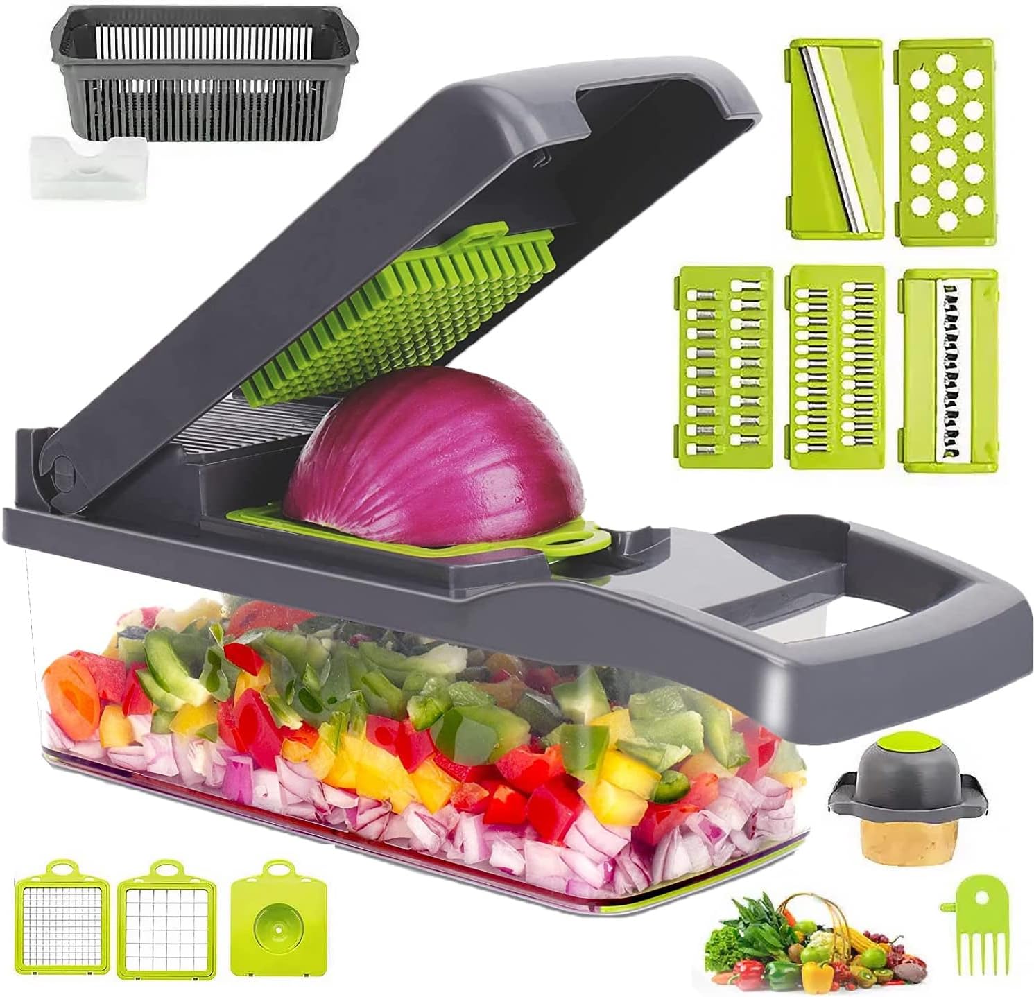Vegetable Chopper- Multifunctional 15-in-1,Fruits Cutter Mandoline Slicer Food Chopper with Interchangeable Blades, Colander Basket,Container for Salad Potato Carrot Garli